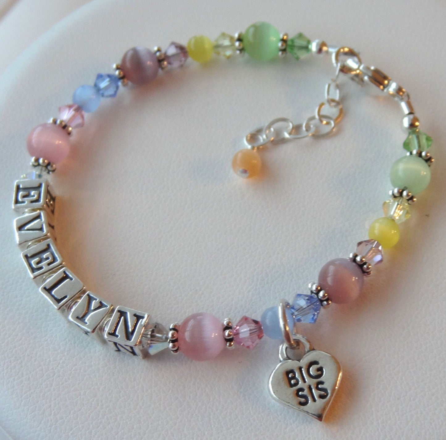 TWO Big Sister/Little Sister Name Bracelet,Heart Big Sis Lil Sis Charm Bracelet, Sisters Bracelet SET, Name Bracelet, Colorful Bracelet