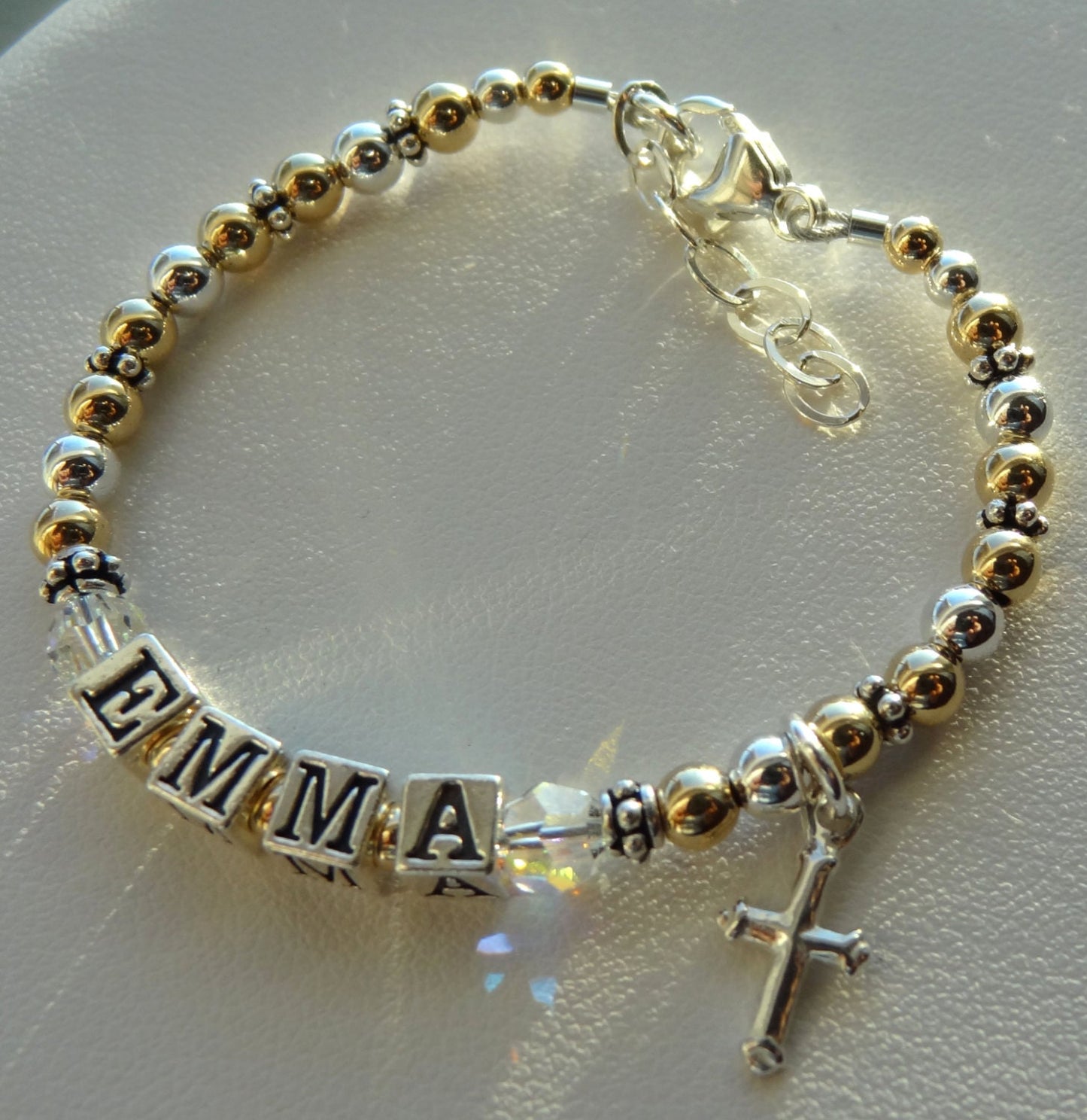 Gold and Silver Children Baby Name Bracelet, Gold Bracelet, Gold and Silver Name Bracelet, Baptism, Cross Bracelet