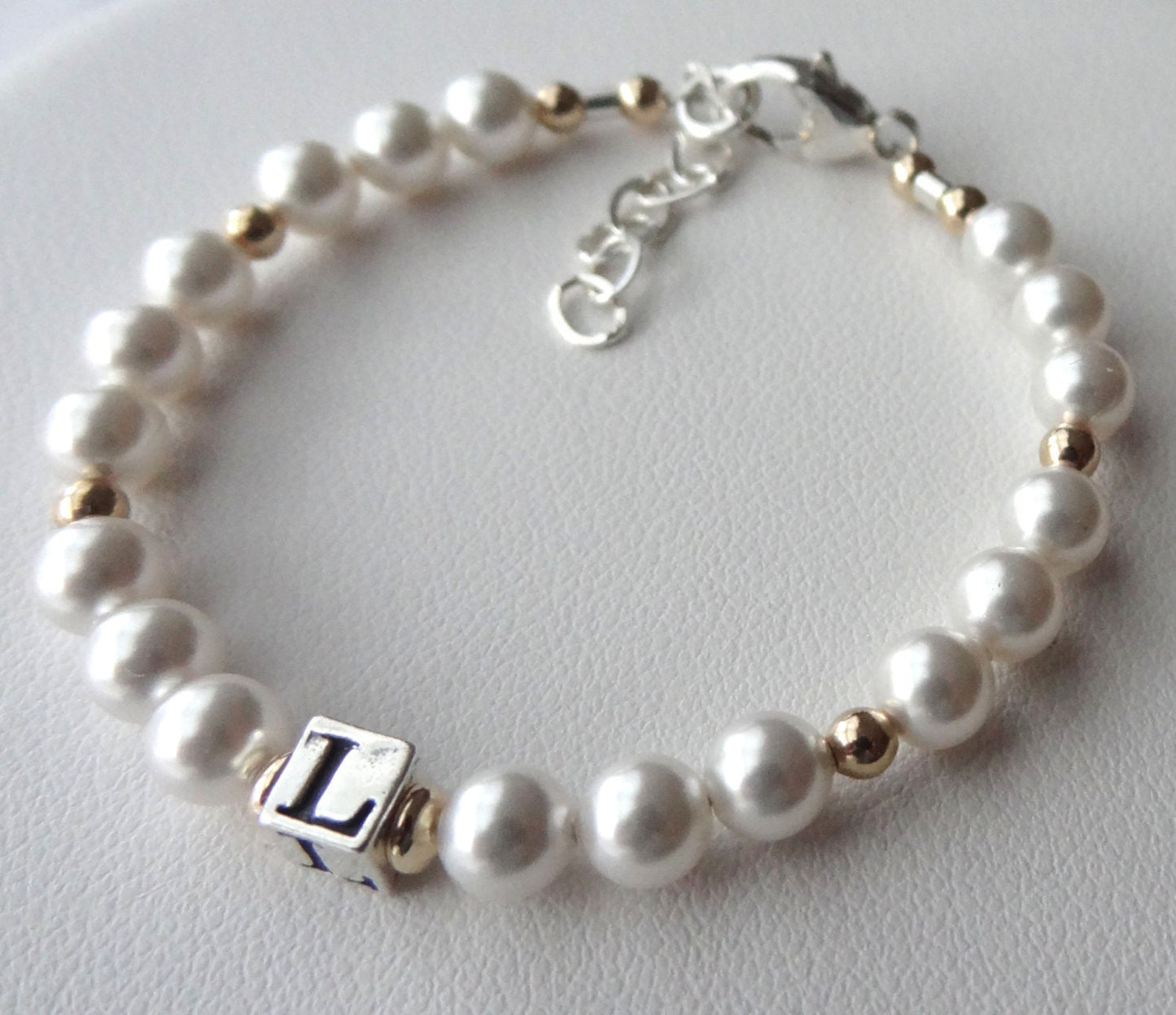 Personalized Silver and Gold Initial Baptism Bracelet,Flower Girl Pearl Bracelet,Christening, First Communion, Confirmation, Baby Bracelet