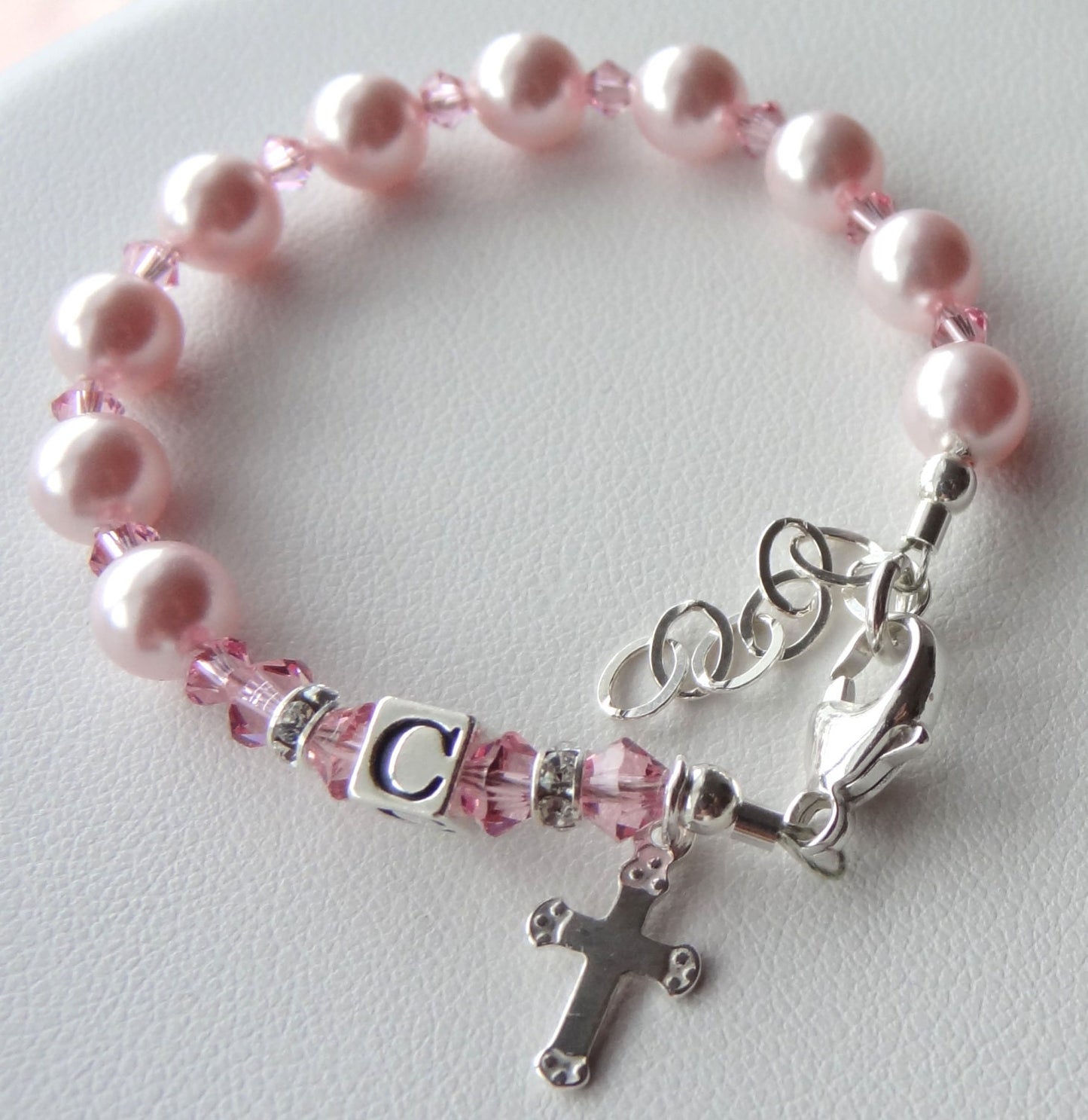 Sterling Baby Girl Baptism Pink Pearl Rosary Bracelet,Baptism Bracelet,First Communion Bracelet,Christening Bracelet,Baby Girl Bracelet