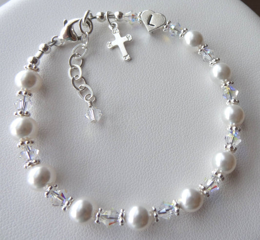 Sterling Crystal Pearl Heart Initial Personalized Girl Rosary Bracelet-First Communion Girls Pearl Rosary Bracelet