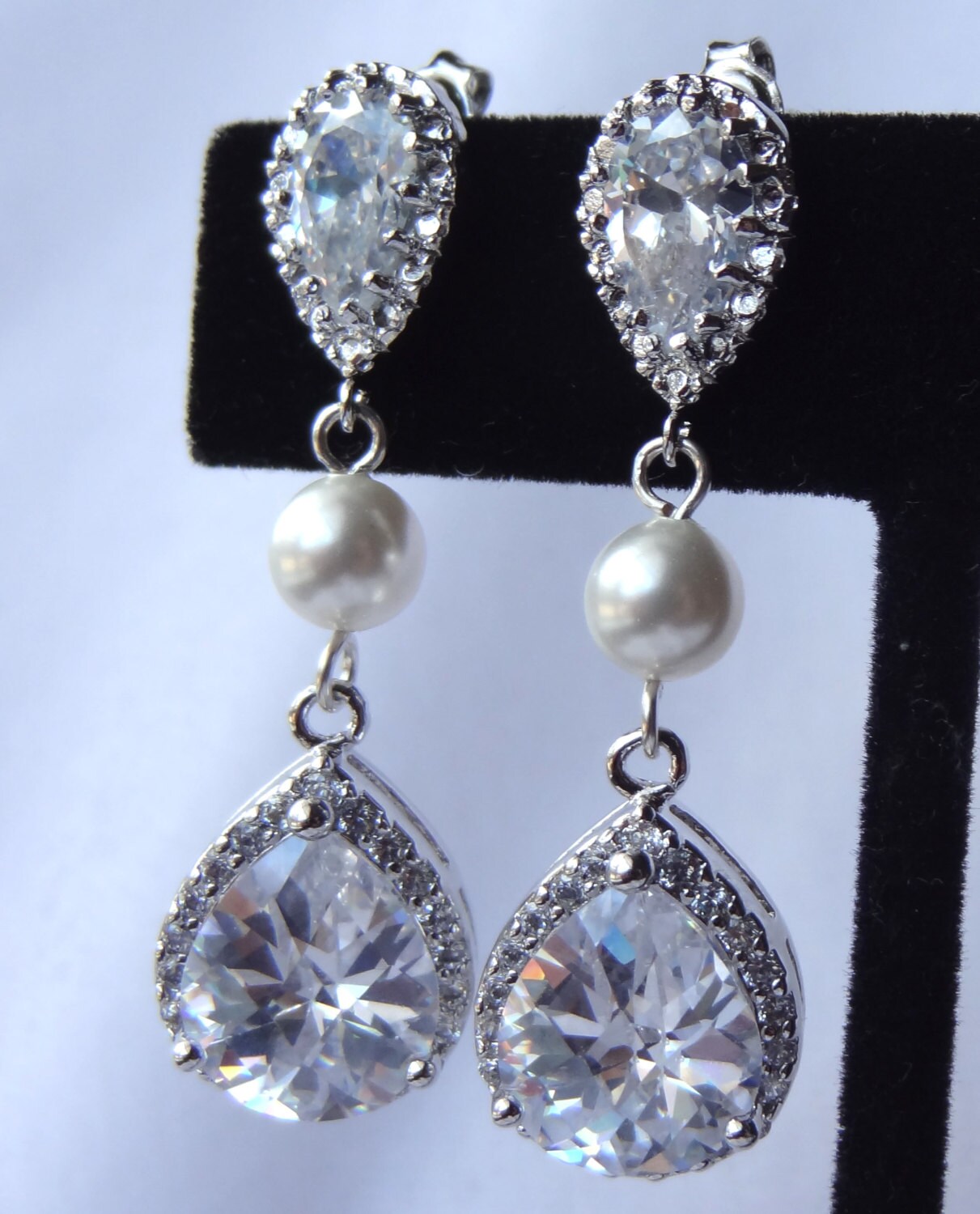 Cubic Zirconia PRESTIGE Crystal Rhinestone Pearl Earrings, Wedding Bride Bridal Earrings, Bridesmaids Earrings, CZ Pearl Earrings