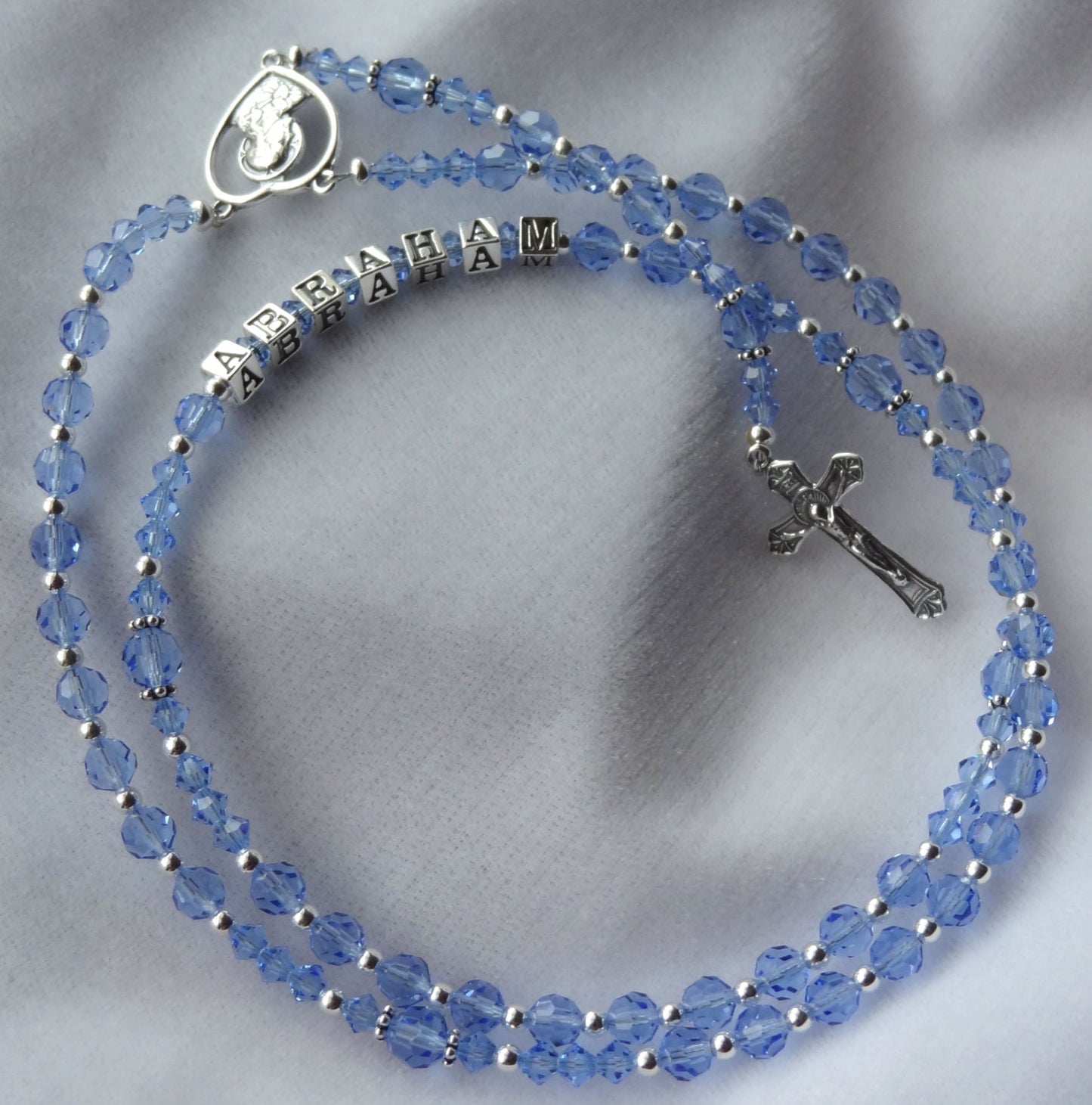 Personalized Sterling Blue Crystal Rosary, First Communion Boy Rosary, Confirmation Catholic Gift Rosary,Baby Boy Baptism Rosary,Blue Rosary