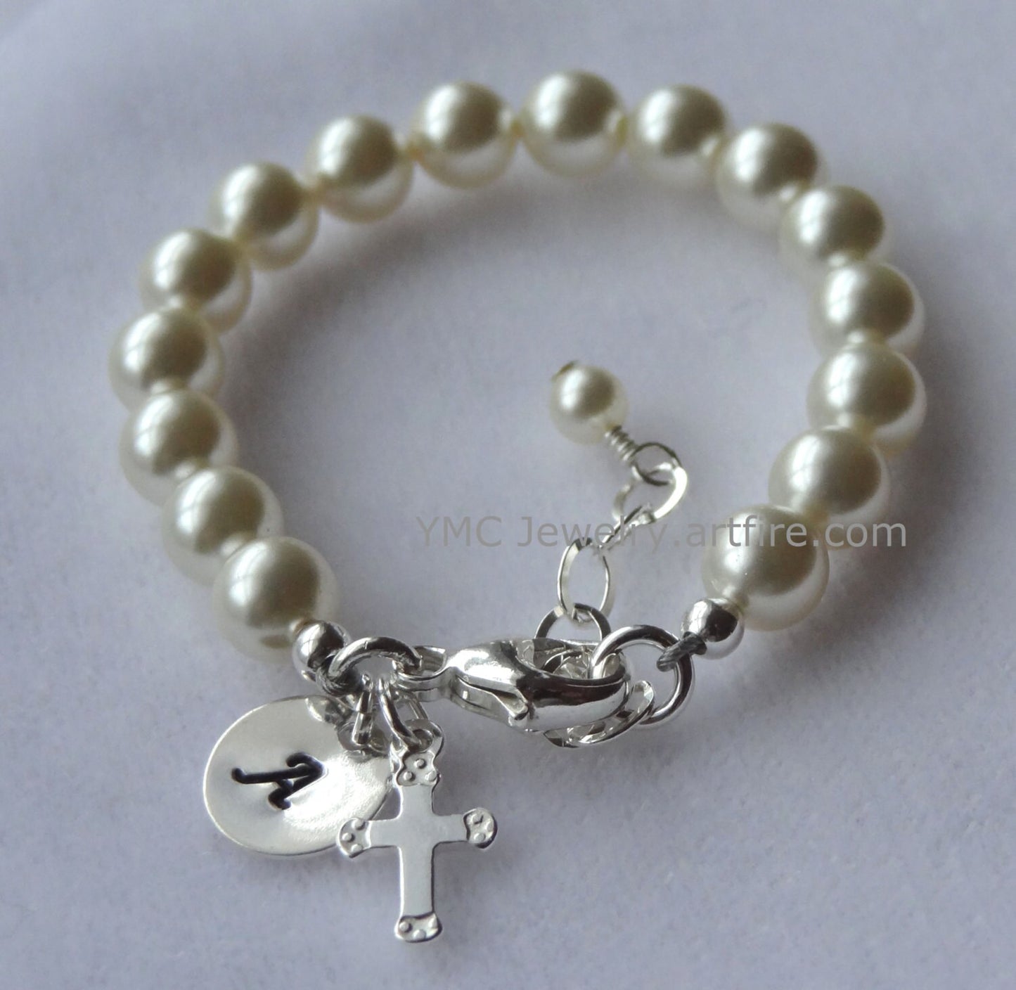 Baby Pearl Initial Children Bracelet,Personalized Baby Pink Pearl Bracelet,Initial Bracelet, Baptism Cross Bracelet, Pink Pearl Bracelet