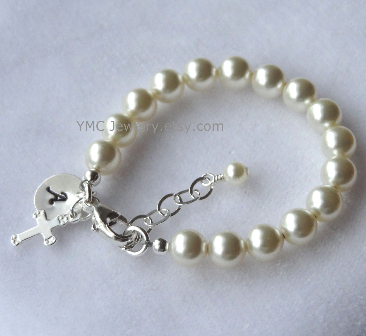 Personalized Baby Girl Pearl Bracelet,Baby Pearl Cross Bracelet,Initial Pearl Bracelet,Baptism First Communion Confirmation Pearl Bracelet