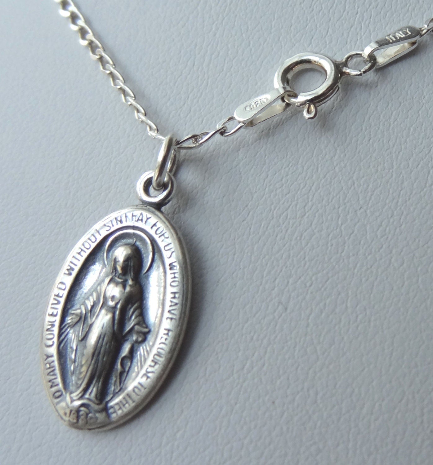 Sterling Silver Large Virgin Mary Medal Necklace,First Communion Necklace,Confirmation Necklace,Baptism Medal Necklace,Christering Necklace
