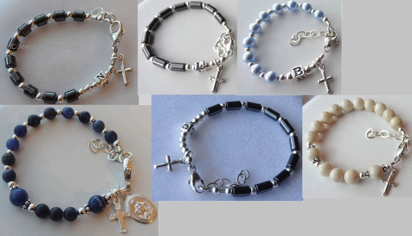 Sterling Silver Baby Boy Initial Baptism Rosary Bracelet,Boys Beaded Bracelet,Christening Boy Bracelet,Baby Boy Bracelet,Boy Rosary Bracelet