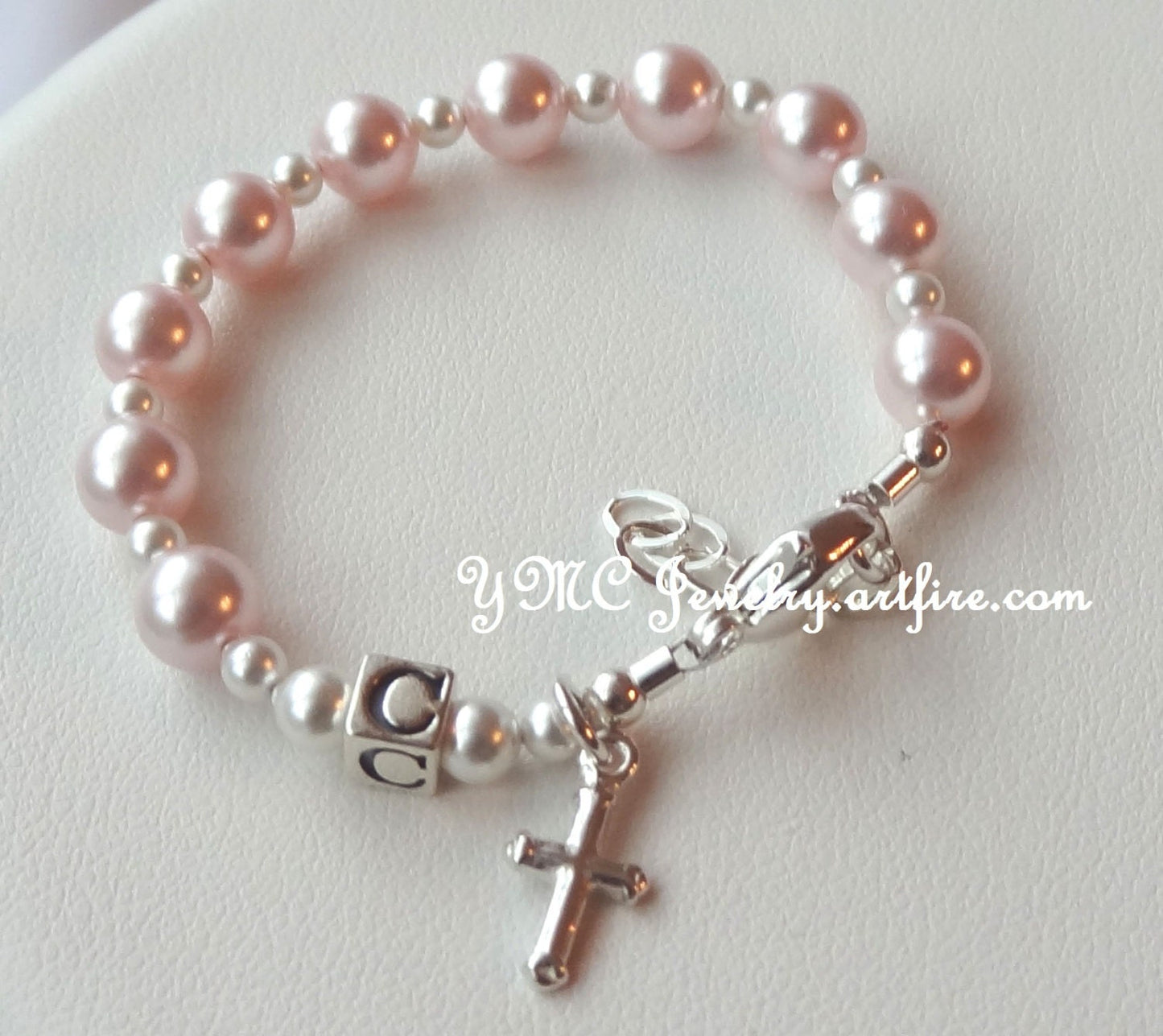 Pearl Pink Baby Rosary Bracelet,First Communion Bracelet,Baptism Rosary Bracelet,Pink Pearl Chaplet Bracelet,Pink Pearl Initial Bracelet