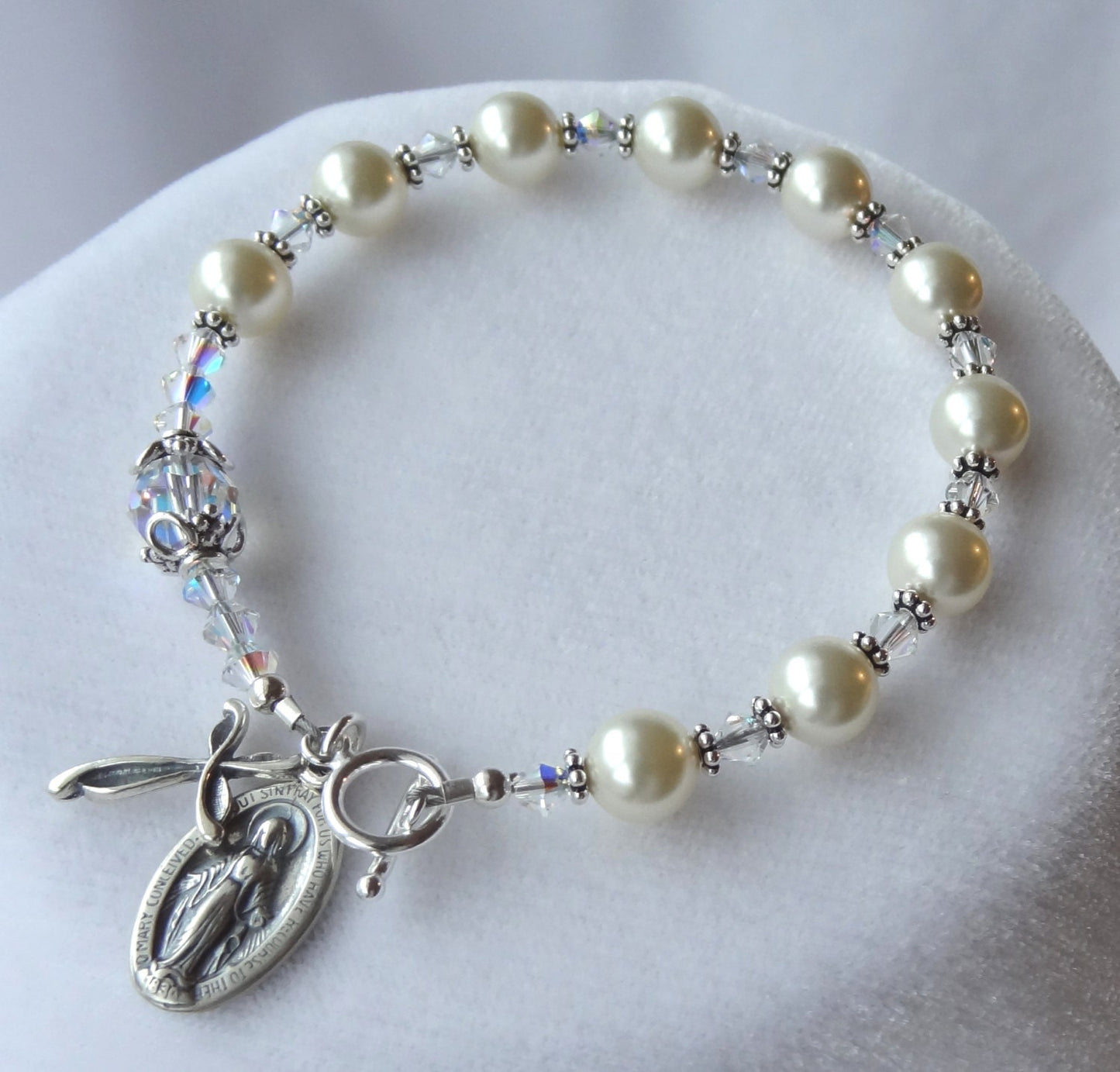 Silver Pearl Rosary Bracelet,Communion Pearl Rosary Bracelet,Confirmation Bracelet, Chaplet Rosary Bracelet,Catholic Bride Pearl Rosary