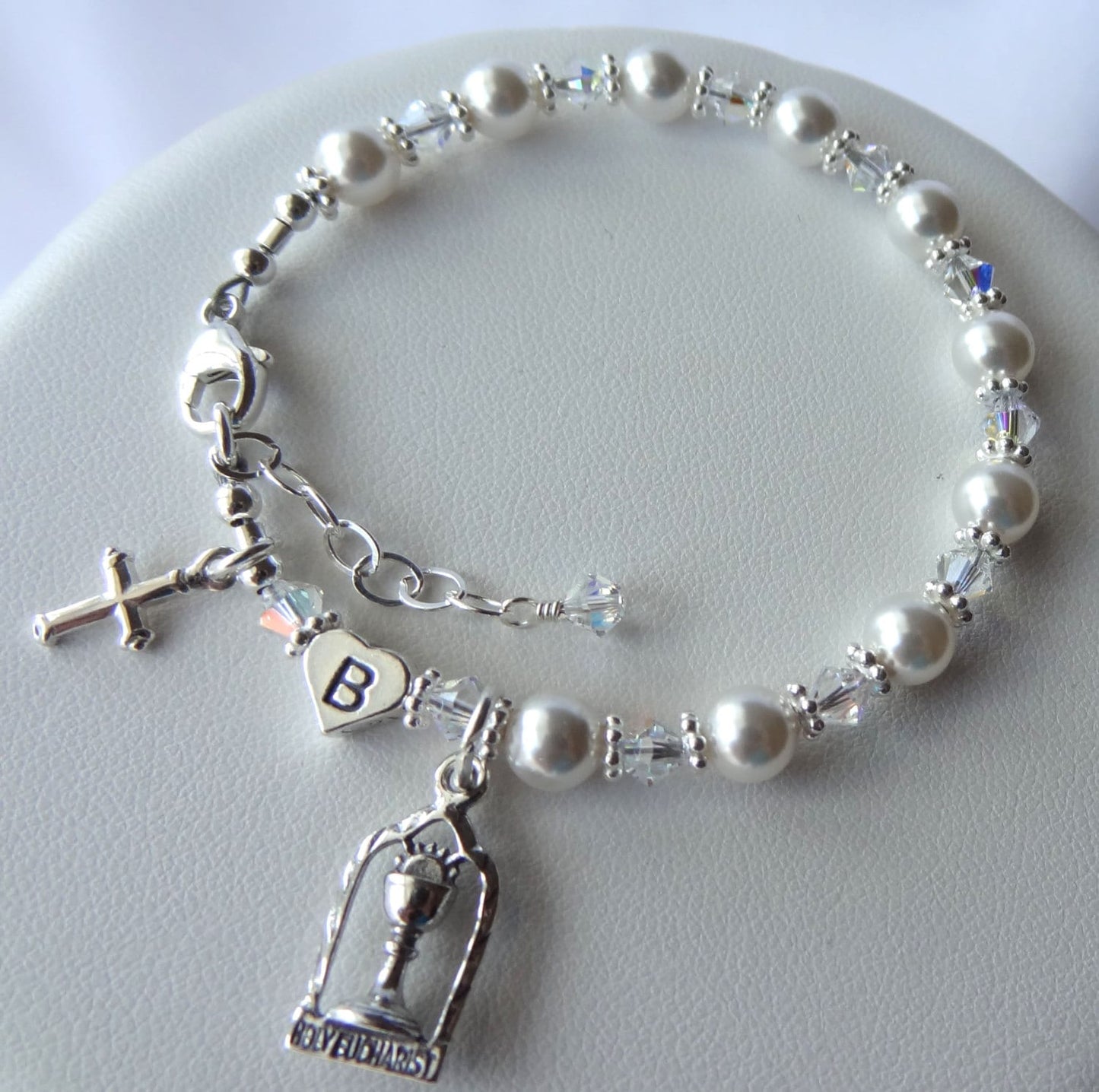 Sterling Crystal Pearl Heart Initial Personalized Girl Rosary Bracelet-First Communion Girls Pearl Rosary Bracelet
