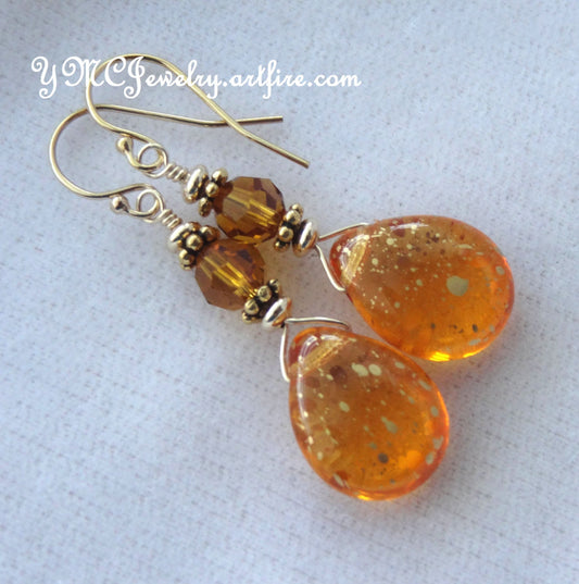 Golden Honey Orange Topaz Briolettes Glass Earrings, Golden Amber, Mother of the Bride, Mother of the Groom, November Birthstone Earrings