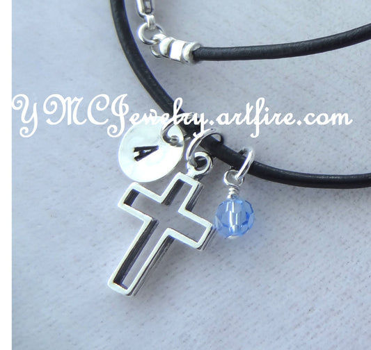 Leather and Sterling Silver Open Cross Initial Birthstone Necklace,First Communion Girl Gift,Confirmation Girl Necklace,Baptism Boy Necklace