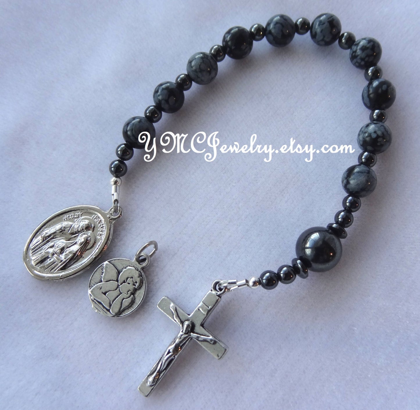 Chaplet Rosary, First Communion, Godparents Present, Angel Chaplet, Boys Confirmation, Black and Gray Chaplet, Snowflake Hematite Chaplet