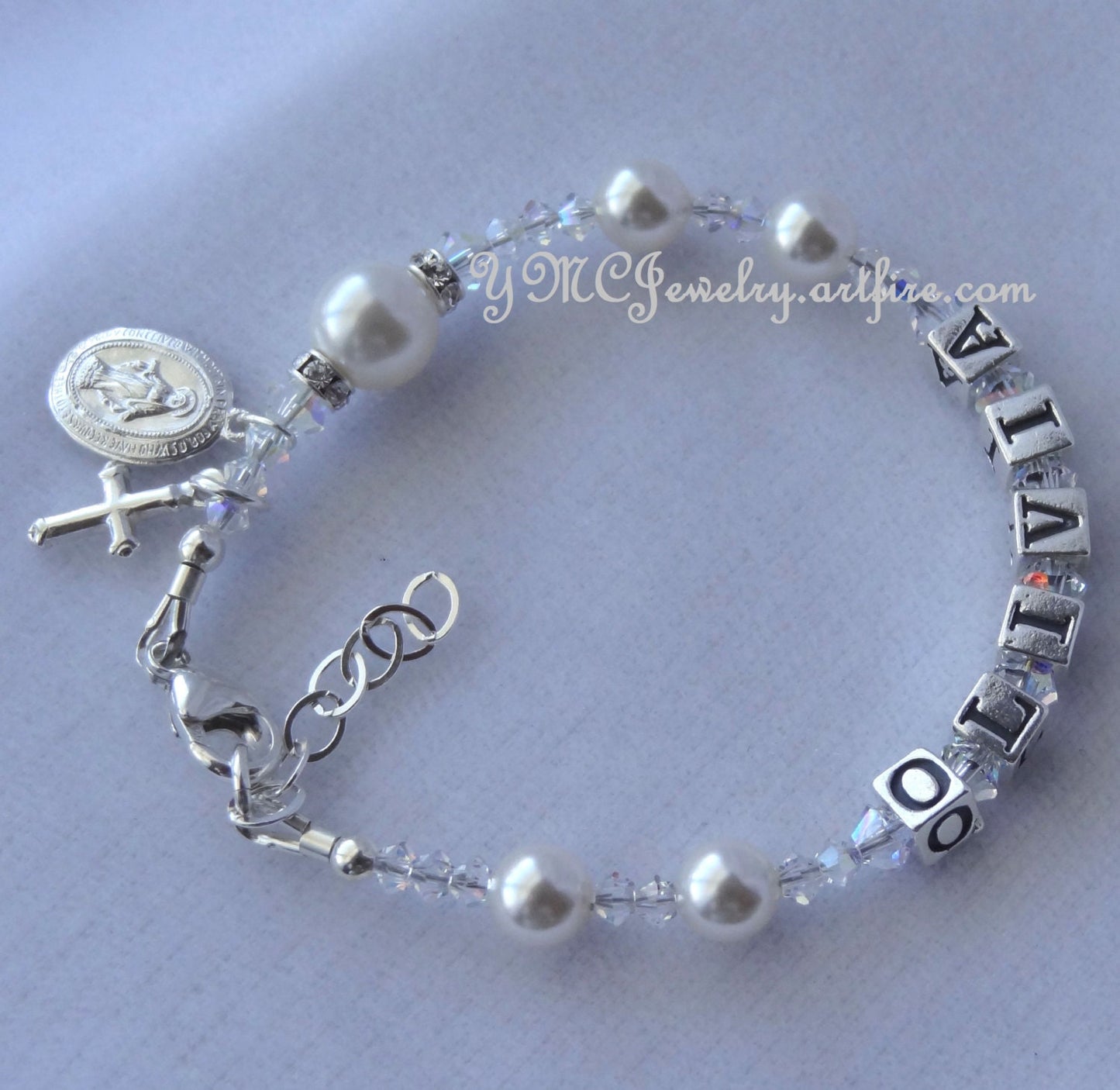 Personalized Name Pearl Rosary Chaplet Bracelet,First Communion Rosary Bracelet