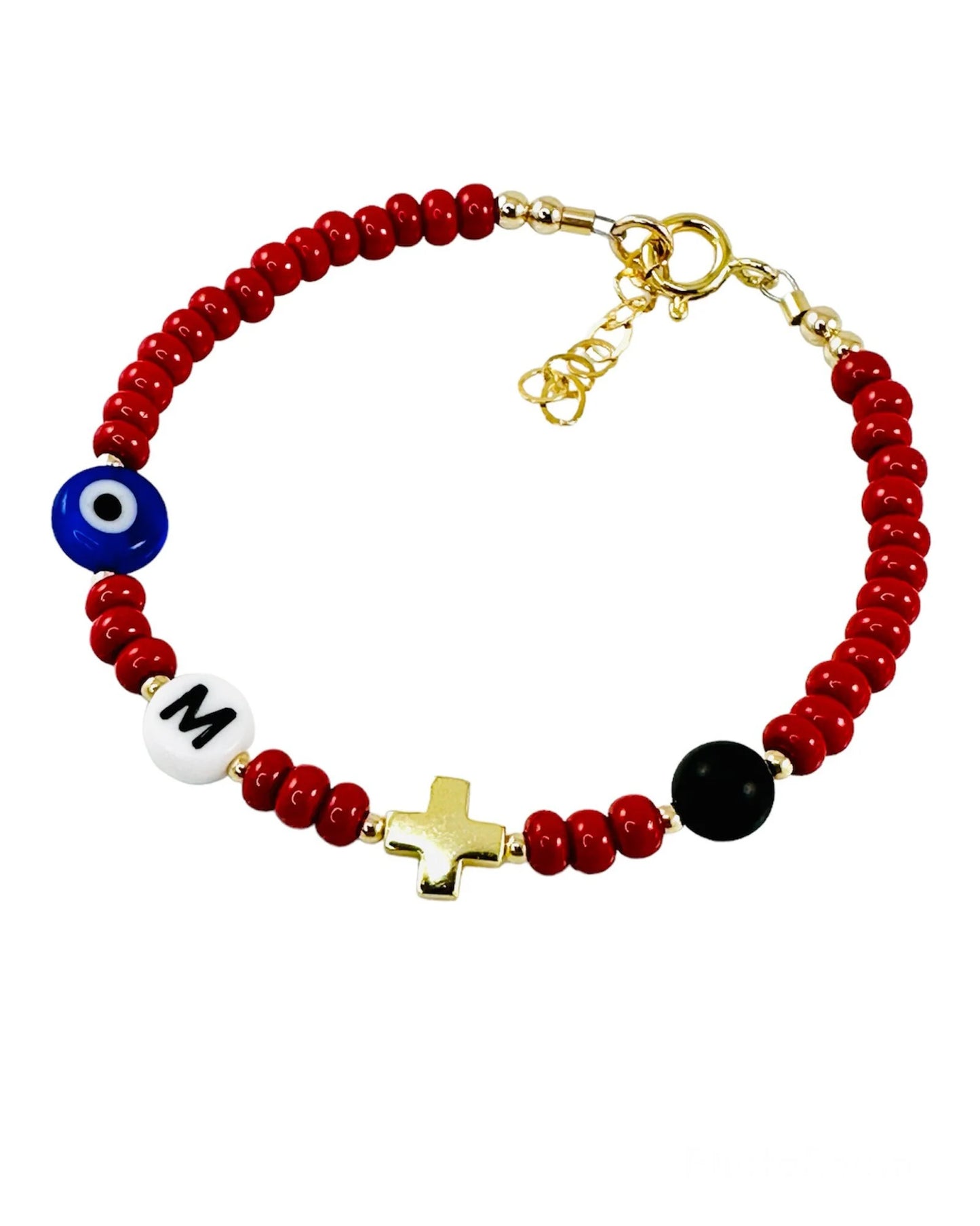 Personalized Gold Red Evil Eye Bracelet, Gold Baby Initial Evil Eye Bracelet,Baby Protection Bracelet, Gold Cross Evil Eye Baptism Bracelet