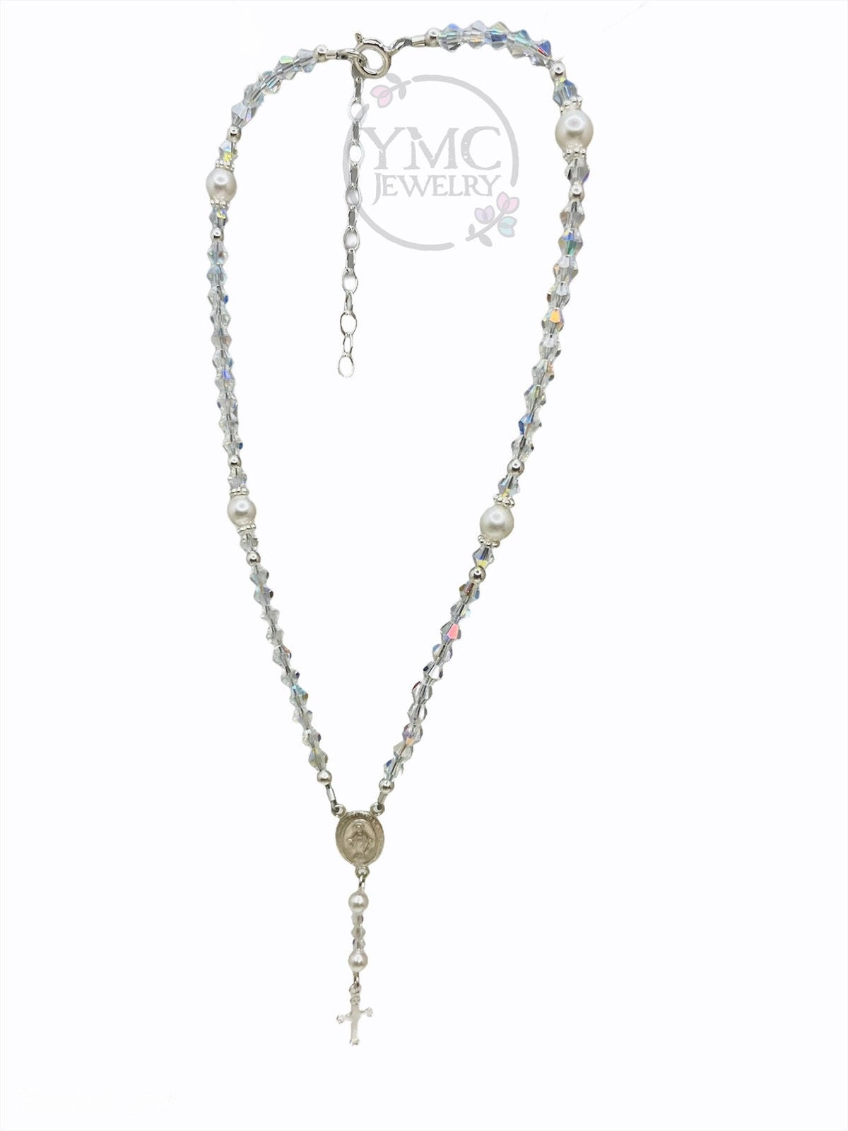 Silver Rosary Necklace,Miraculous Mary and Cross Necklace,First Communion Confirmation Rosary Necklace,Dainty Virgin Pearl Lariat Necklace