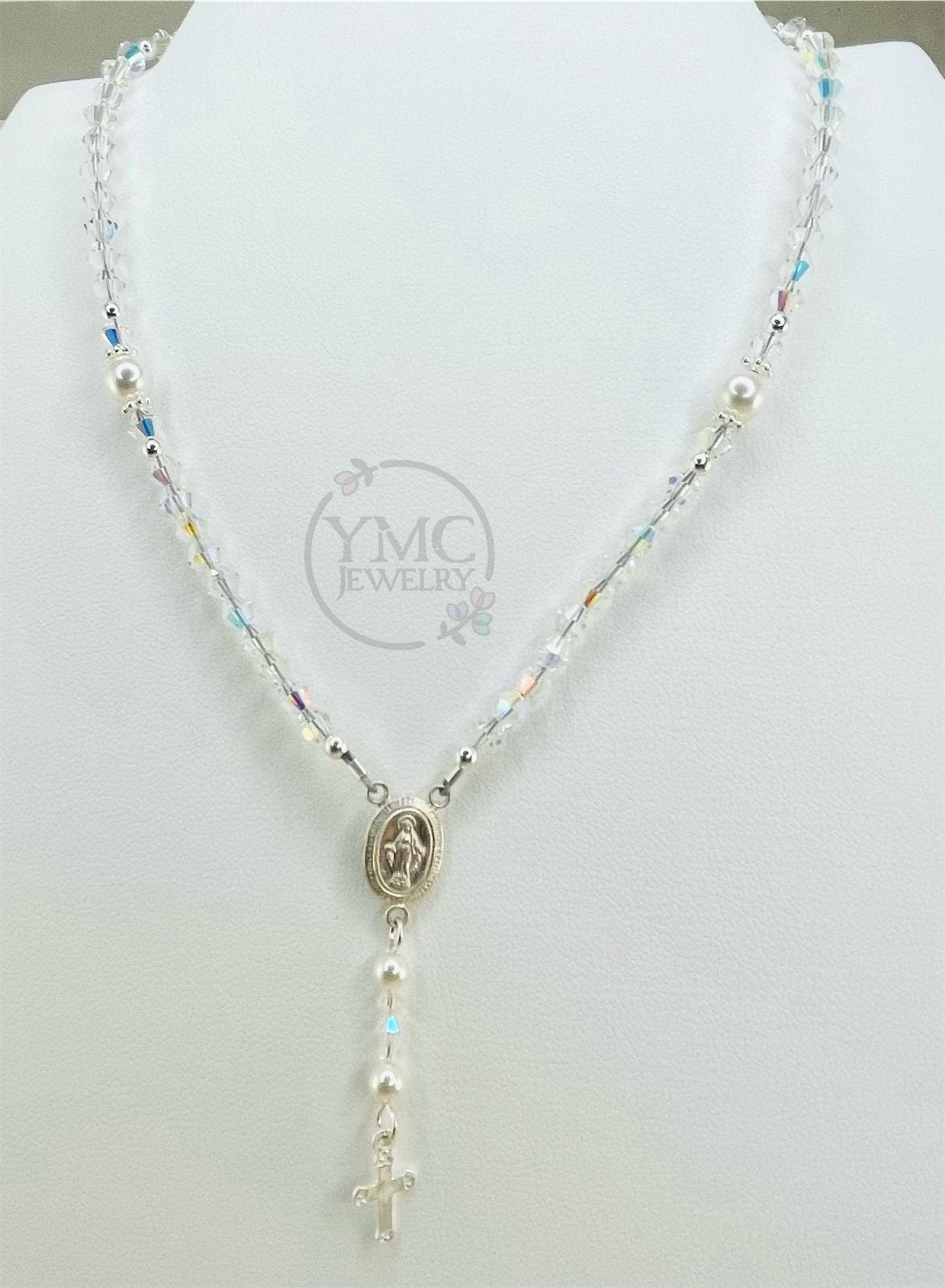 Silver Rosary Necklace,Miraculous Mary and Cross Necklace,First Communion Confirmation Rosary Necklace,Dainty Virgin Pearl Lariat Necklace