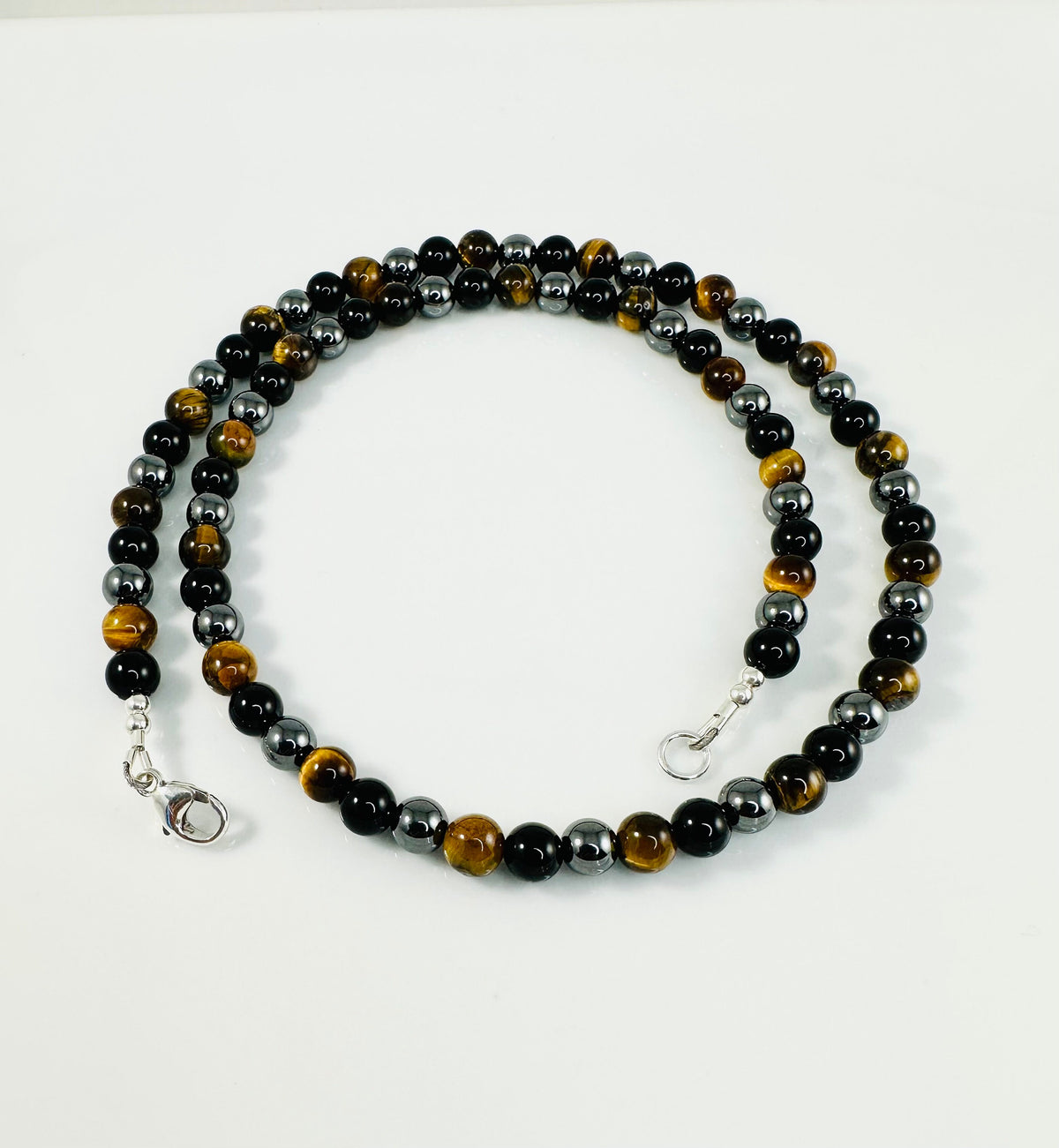 Mens Necklaces,Triple Protection Necklace, Tigers Eye Black Onyx Hematite Necklace,Handmade Jewelry for Men,Black Yellow Gray Necklace