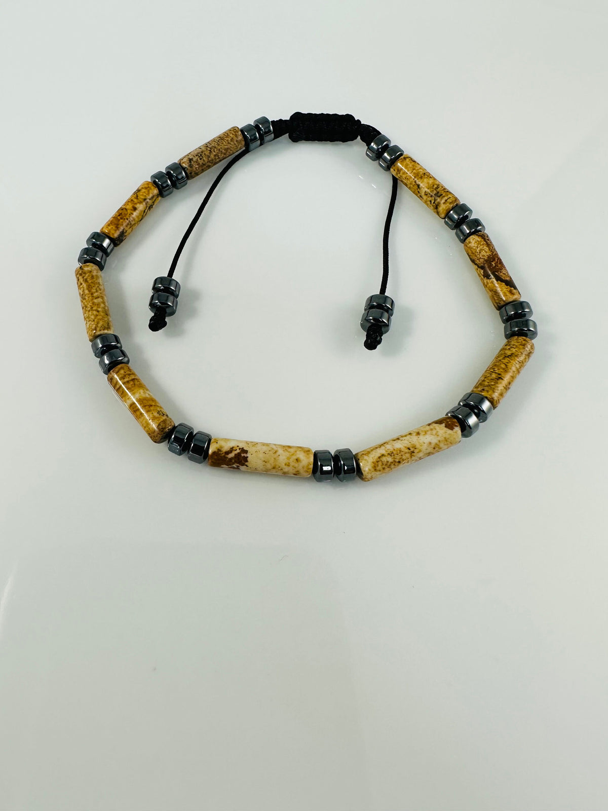 Tourmaline and Jasper Tube Adjustable Bracelet,Picture Jasper Bracelet Healing Meditation Bracelet,Handmade Unique Gifts Jewelry for Men Him