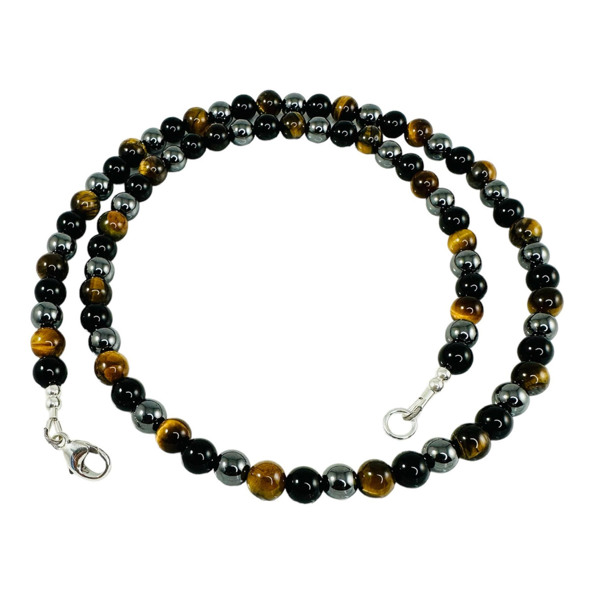 Mens Necklaces,Triple Protection Necklace, Tigers Eye Black Onyx Hematite Necklace,Handmade Jewelry for Men,Black Yellow Gray Necklace