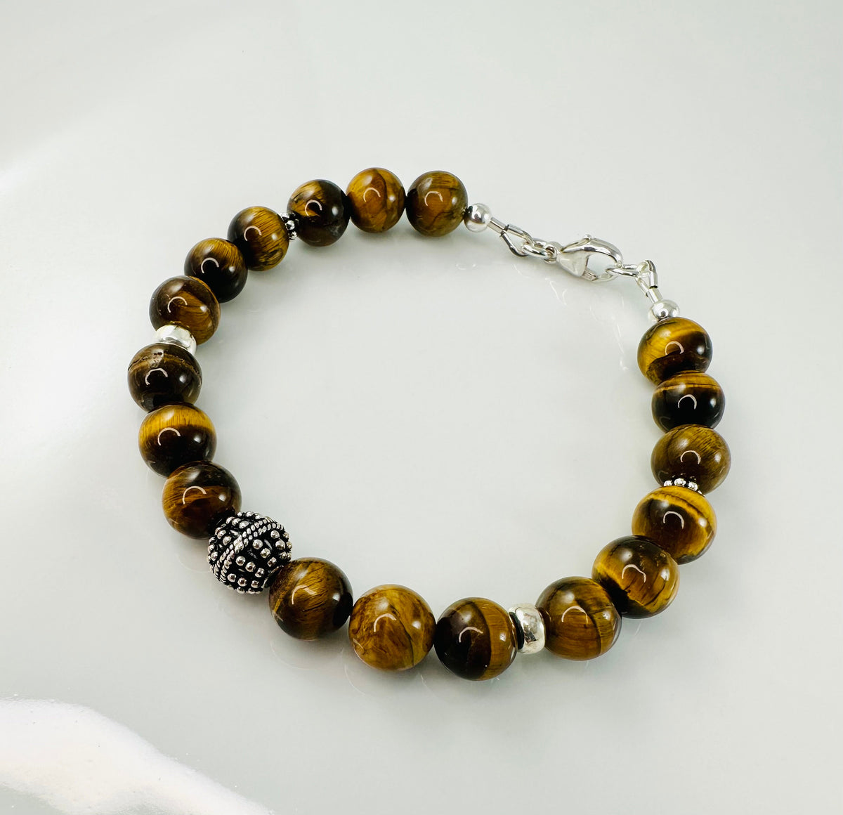 Sterling Silver Tiger Eye Men's Beaded Bracelet,Balance Anxiety Focus Bracelet,Gift Healing Jewelry for Men Boyfriend Husband Dad Son