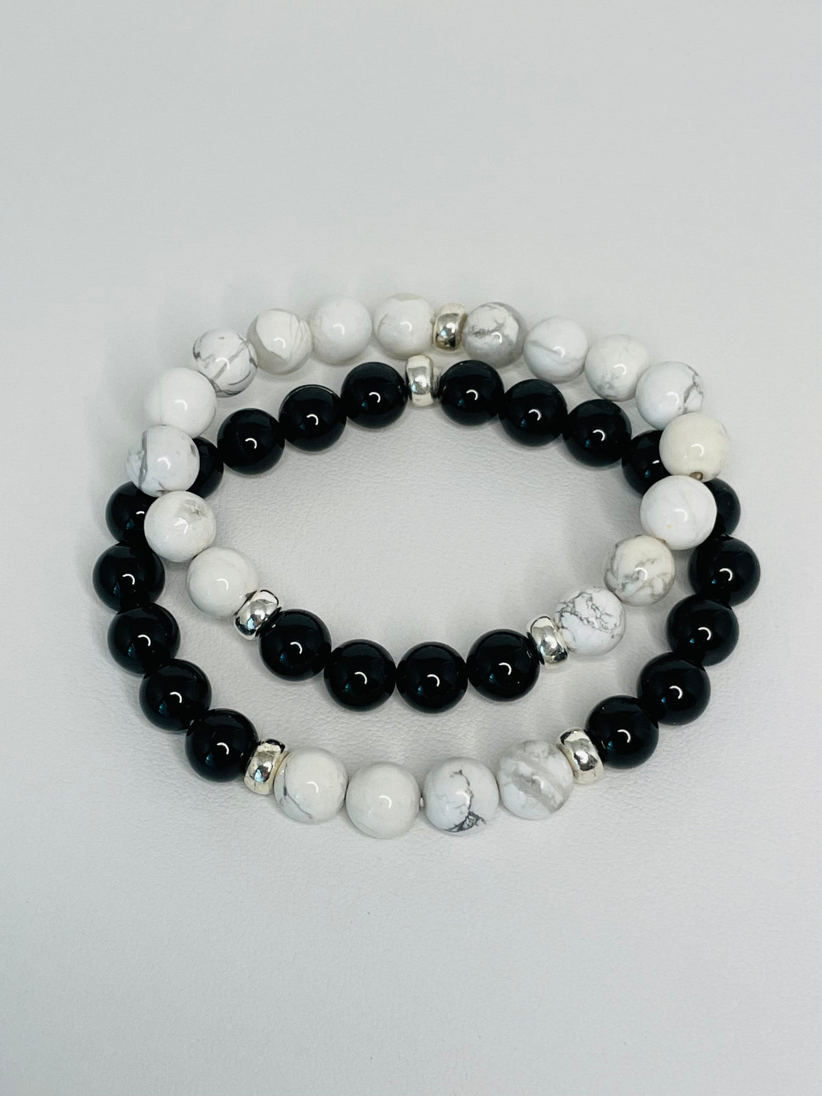 His and Hers Matching Long Distance White Howlite Black Onyx Bracelets Set,Father Son Bracelet,Boyfriend Girlfriend Anniversary Relationship