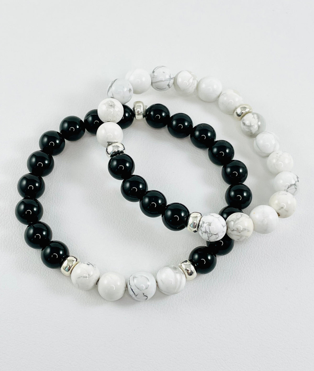His and Hers Matching Long Distance White Howlite Black Onyx Bracelets Set,Father Son Bracelet,Boyfriend Girlfriend Anniversary Relationship