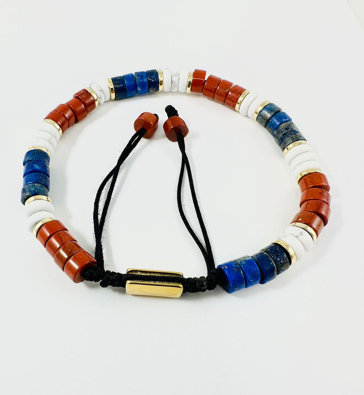 Patriotic USA Men's Bracelet: Protection Blue Red White Men Beaded Bracelet,6mm Lapis Lazuli Red Jasper White Howlite Men Beaded Bracelet