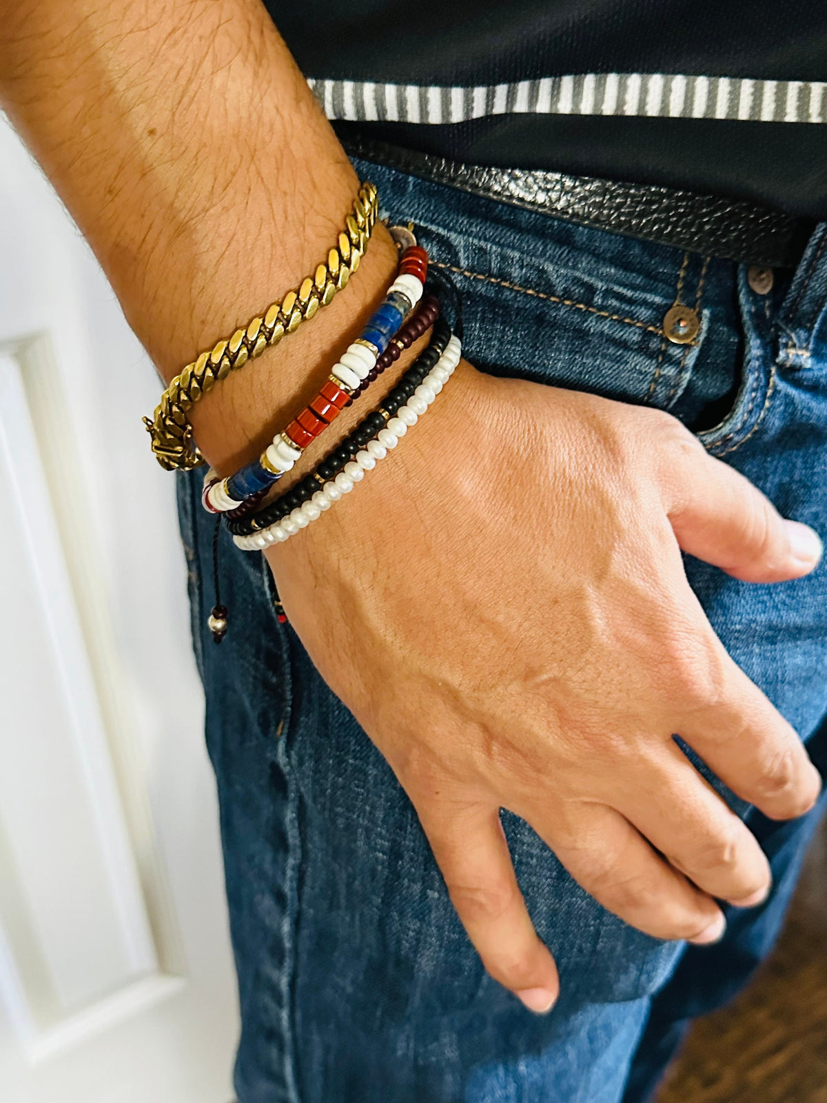 Patriotic USA Men's Bracelet: Protection Blue Red White Men Beaded Bracelet,6mm Lapis Lazuli Red Jasper White Howlite Men Beaded Bracelet