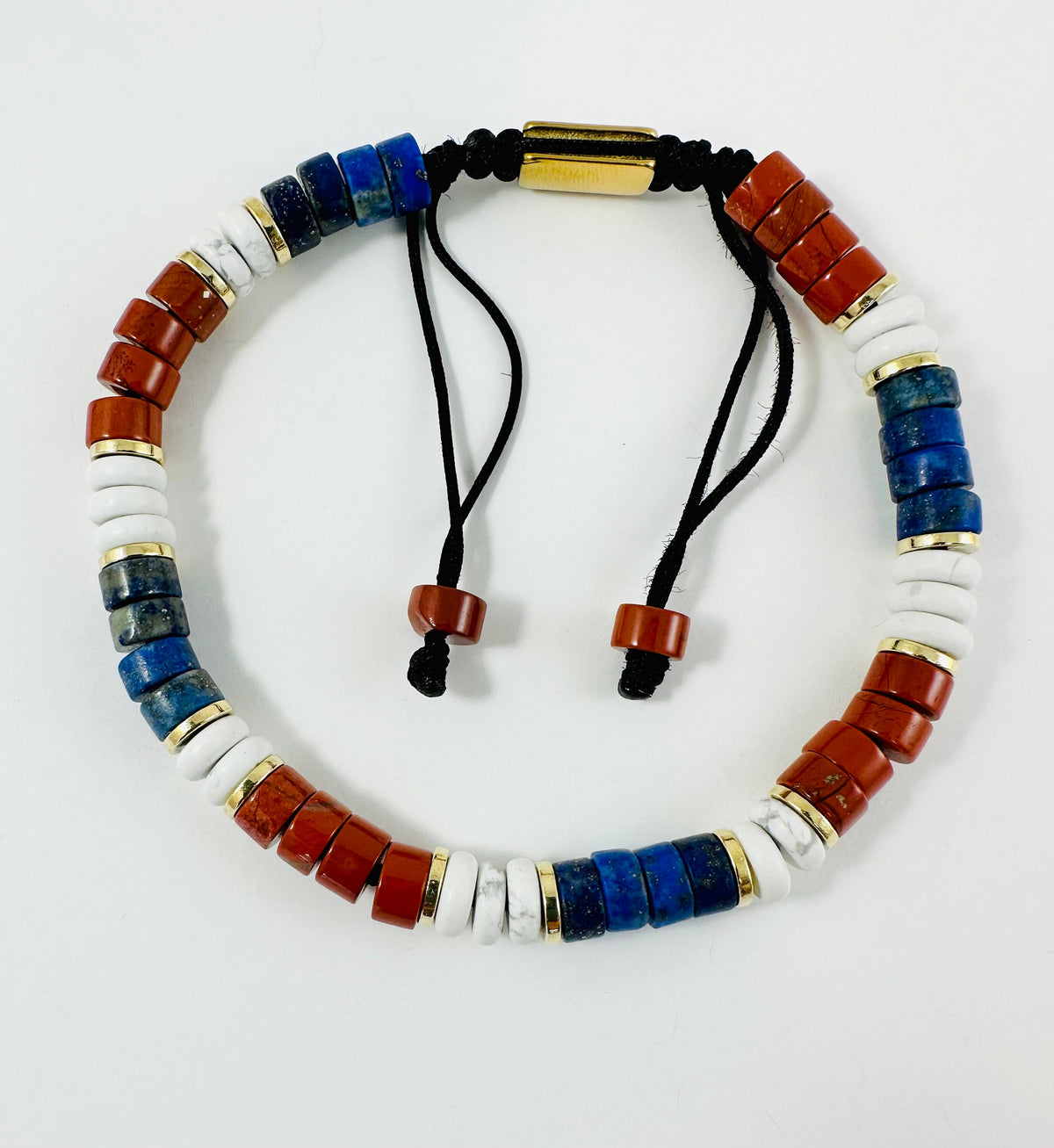 Patriotic USA Men's Bracelet: Protection Blue Red White Men Beaded Bracelet,6mm Lapis Lazuli Red Jasper White Howlite Men Beaded Bracelet