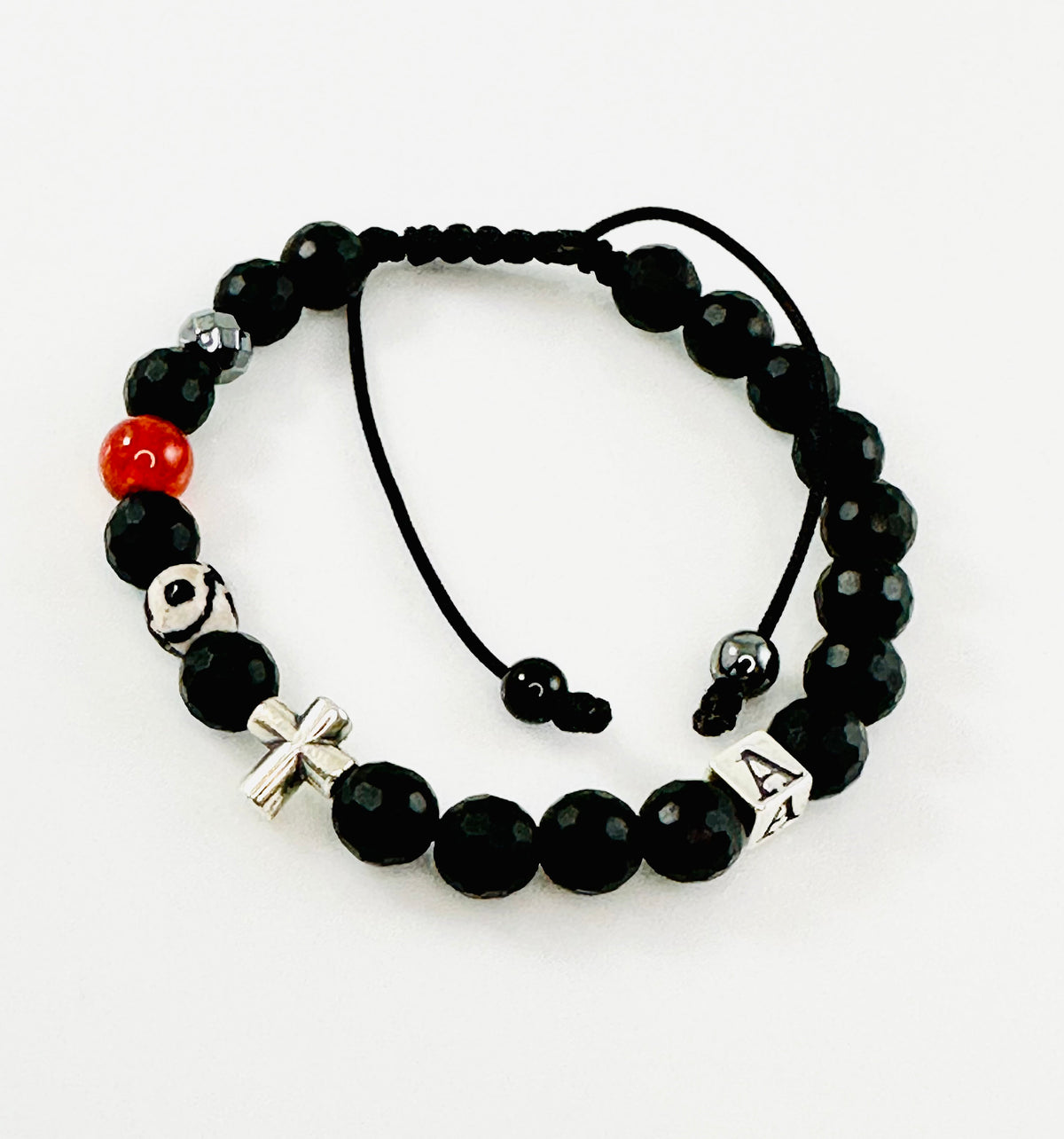 Personalized Boys Sideways Cross Bracelet,Cross Initial Boy Kids Children's Men Bracelet,Matte Black Onyx Protection Evil Eye Cross Bracelet