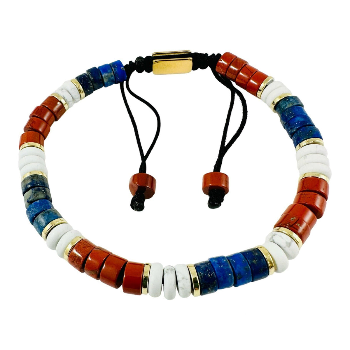 Patriotic USA Men's Bracelet: Protection Blue Red White Men Beaded Bracelet,6mm Lapis Lazuli Red Jasper White Howlite Men Beaded Bracelet