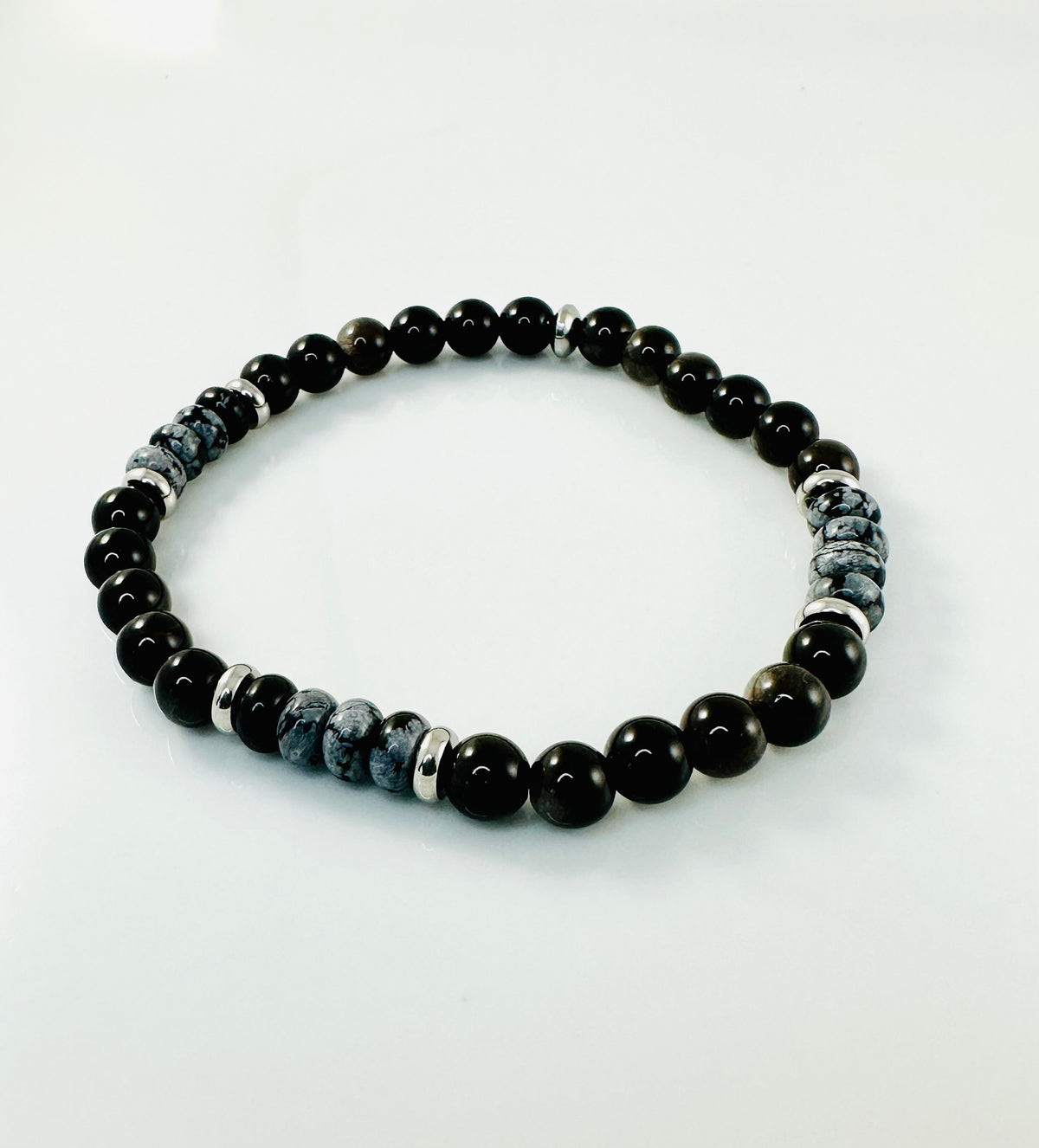 Silver Obsidian Bracelet,Snowflake Obsidian Bracelet,Protection Black Men Bracelets,Black and Gray Beaded Men Beaded Bracelet