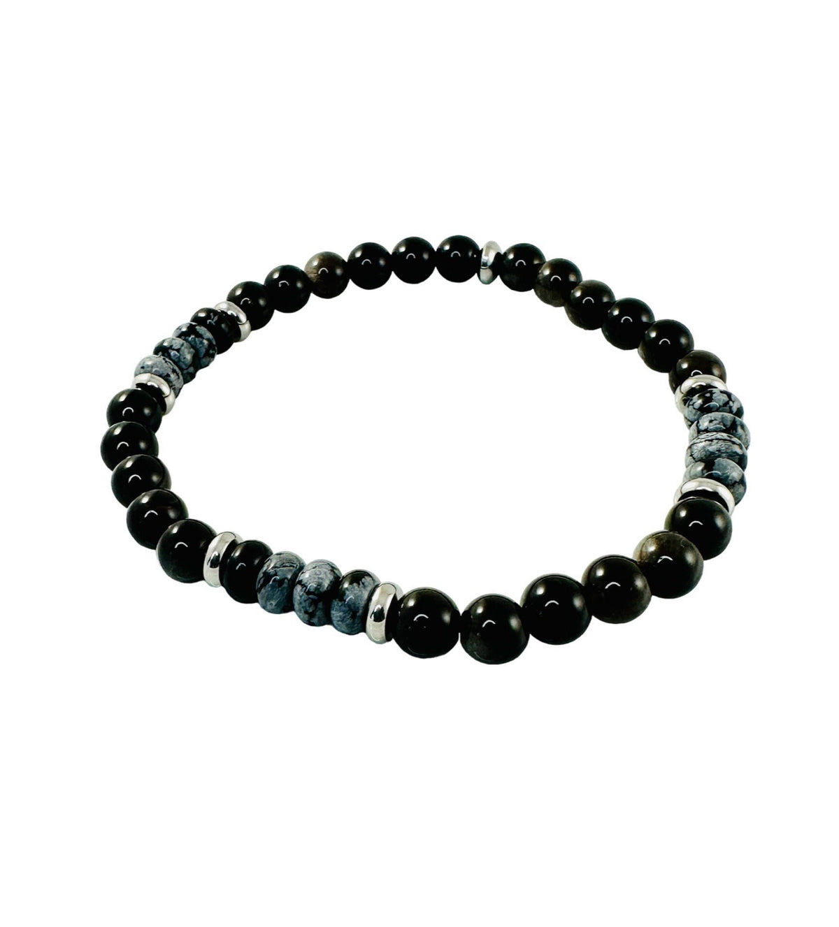 Silver Obsidian Bracelet,Snowflake Obsidian Bracelet,Protection Black Men Bracelets,Black and Gray Beaded Men Beaded Bracelet
