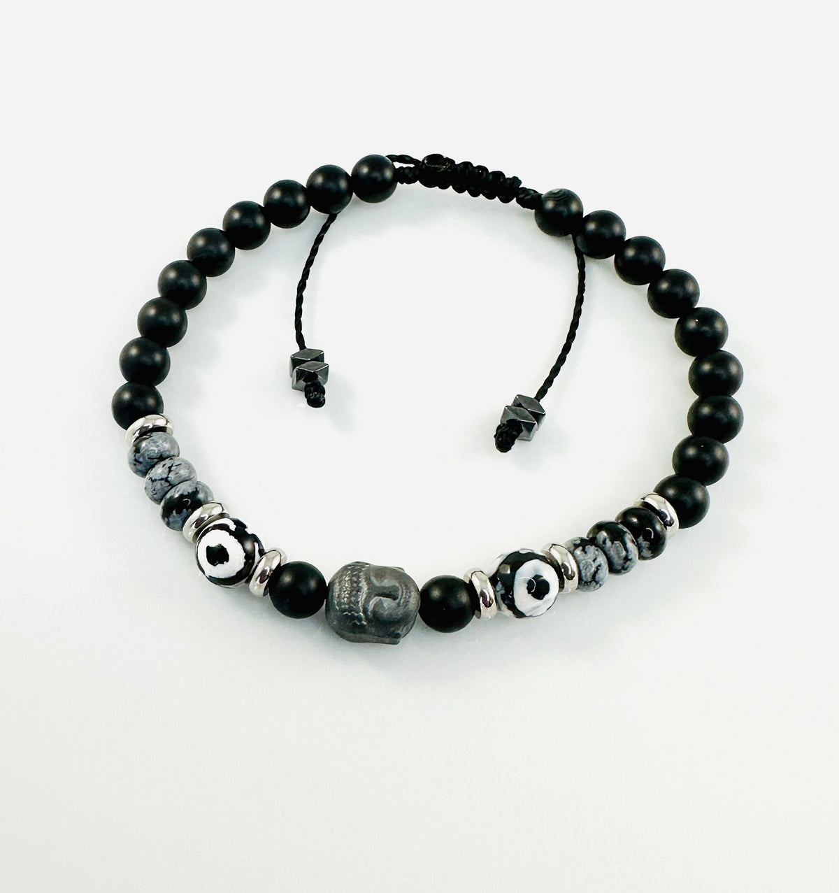 Lucky Buddha Protection Evil Eye Black White Men Bracelet,Minimalist Men Bracelet,Black Onyx Agate Obsidian Hematite Men Bracelet,Good Luck