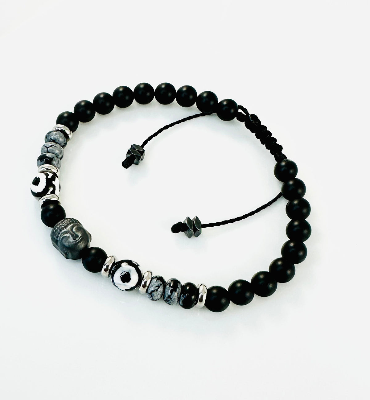 Lucky Buddha Protection Evil Eye Black White Men Bracelet,Minimalist Men Bracelet,Black Onyx Agate Obsidian Hematite Men Bracelet,Good Luck