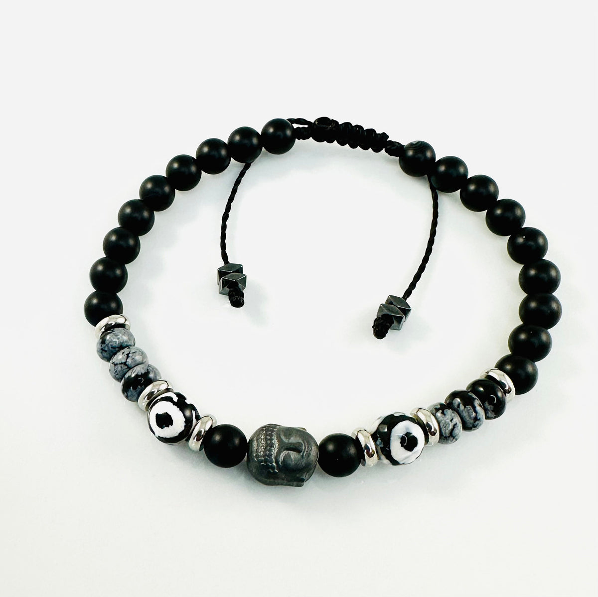 Lucky Buddha Protection Evil Eye Black White Men Bracelet,Minimalist Men Bracelet,Black Onyx Agate Obsidian Hematite Men Bracelet,Good Luck