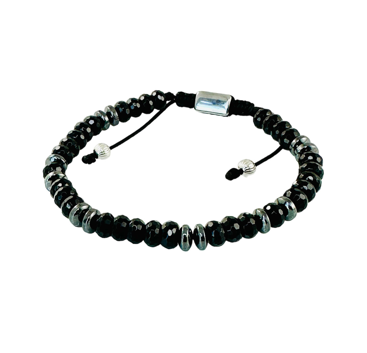 Sterling Silver Adjustable 4mm Hematite Men Bracelet,Healing Meditation Men Stone Bracelet,Unique Handmade Jewelry Gifts for Men Him Dad