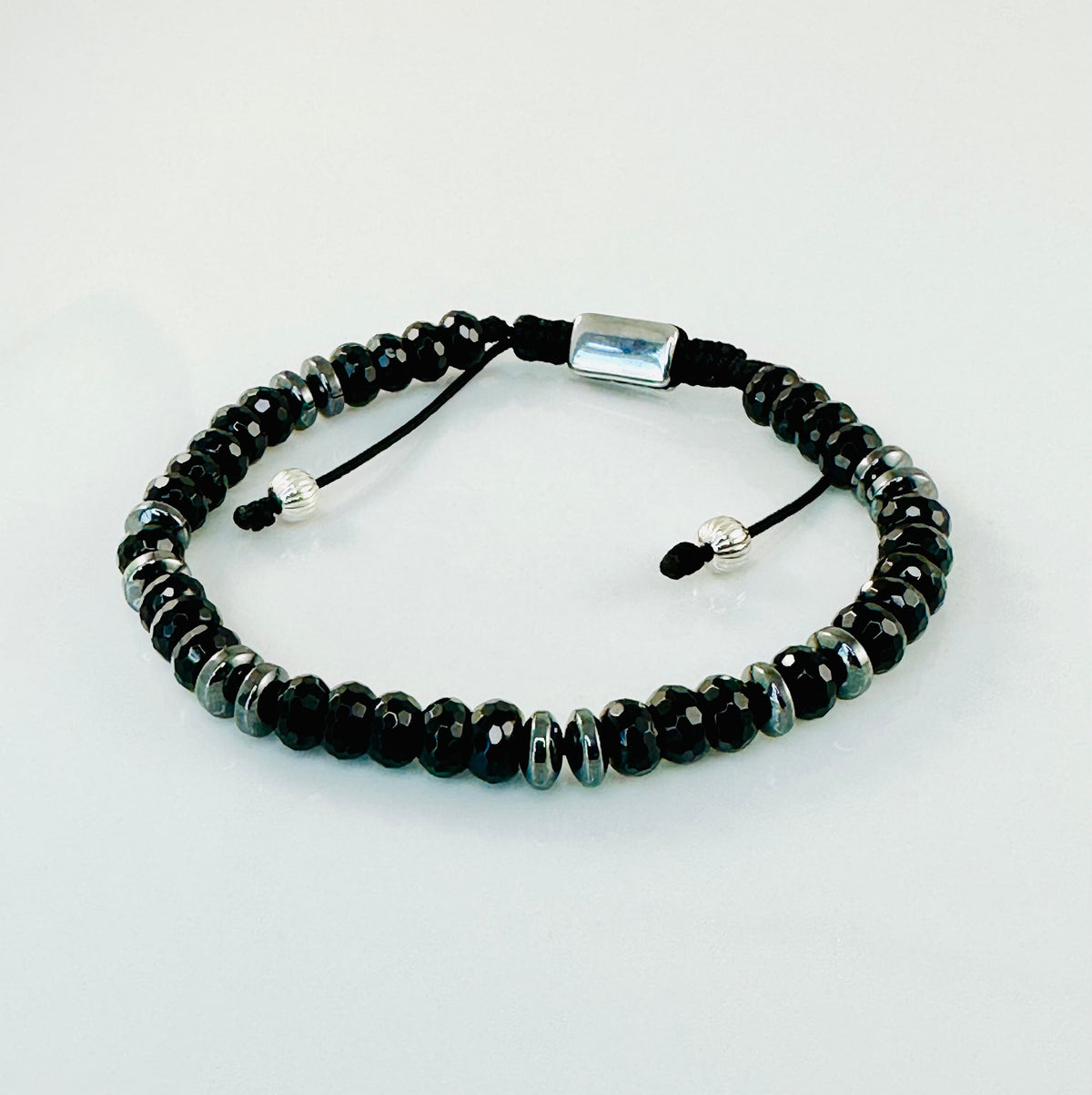 Sterling Silver Adjustable 4mm Hematite Men Bracelet,Healing Meditation Men Stone Bracelet,Unique Handmade Jewelry Gifts for Men Him Dad