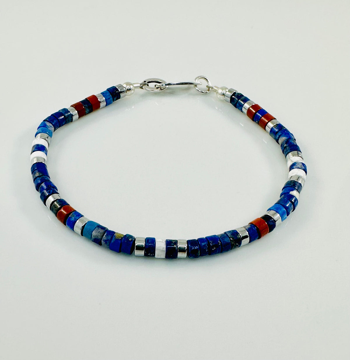 White Blue Red Beaded Bracelet,Protection Nautical Minimalist Men Bracelet,Lapis Red Jasper Howlite Heishi Men Bracelet,Men Unisex Bracelet