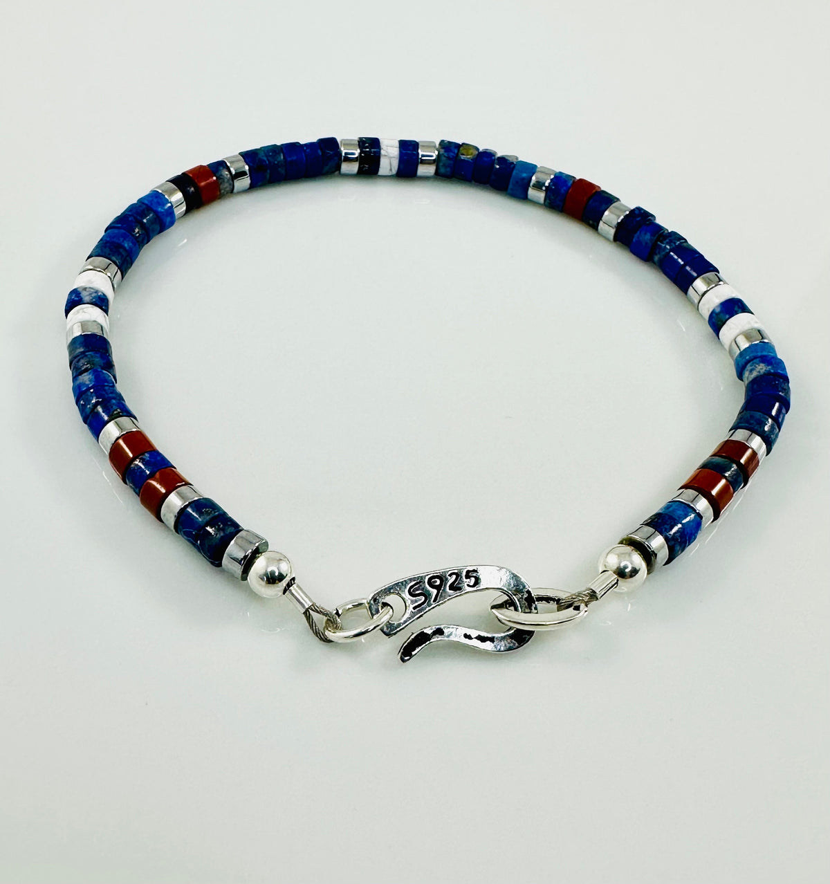 White Blue Red Beaded Bracelet,Protection Nautical Minimalist Men Bracelet,Lapis Red Jasper Howlite Heishi Men Bracelet,Men Unisex Bracelet