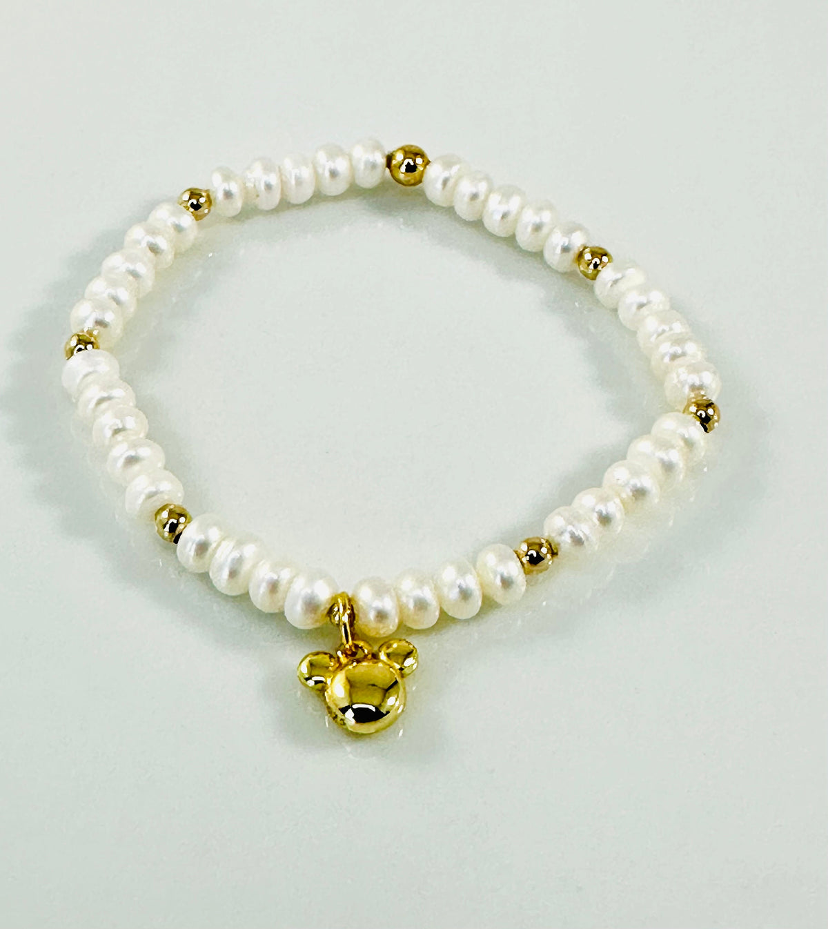 Real Pearl baby mickey bracelet,Pearls mouse bracelet,Mickey pearl and gold bracelet,gold and pearl stretch bead bracelet with mouse