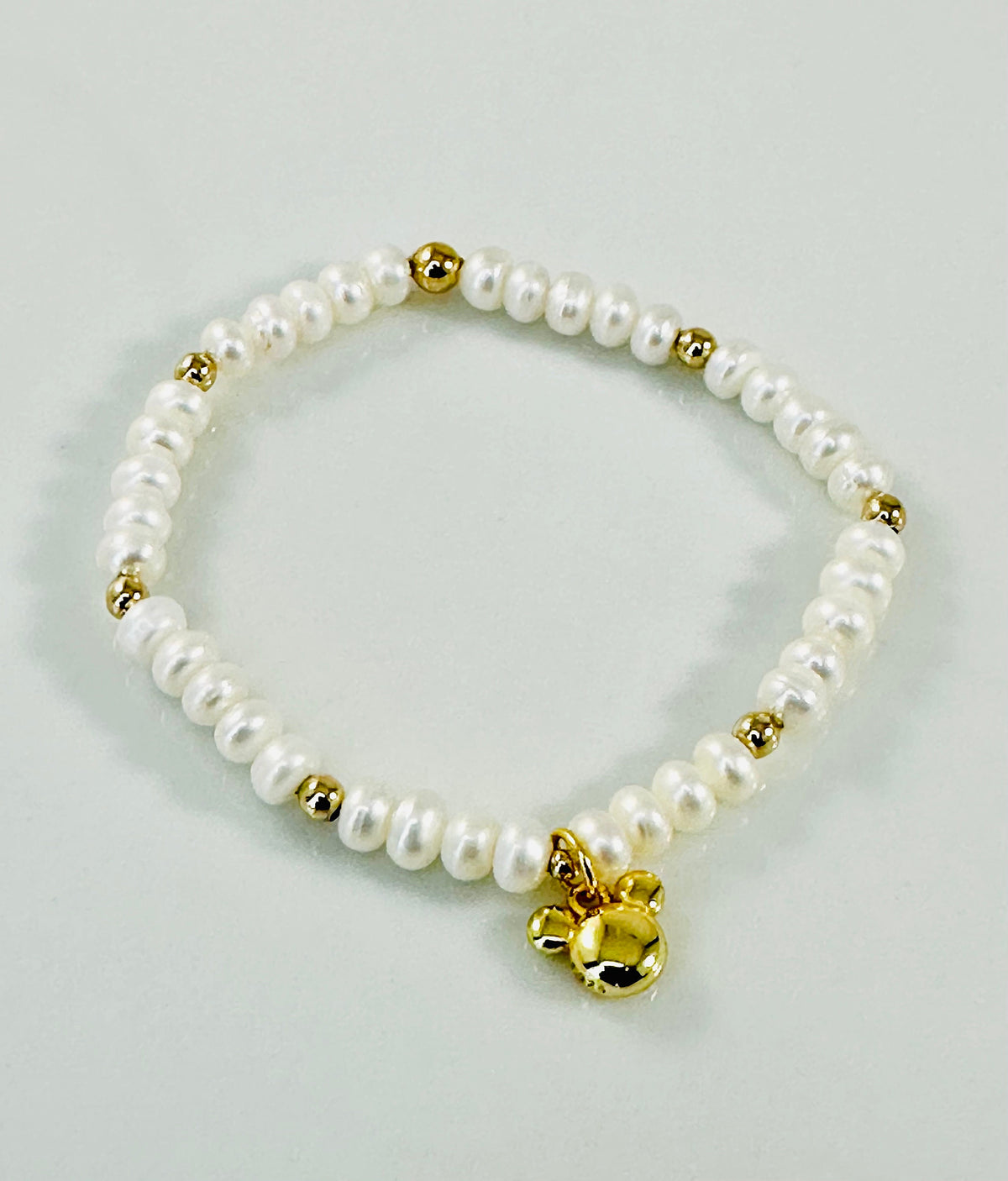 Real Pearl baby mickey bracelet,Pearls mouse bracelet,Mickey pearl and gold bracelet,gold and pearl stretch bead bracelet with mouse