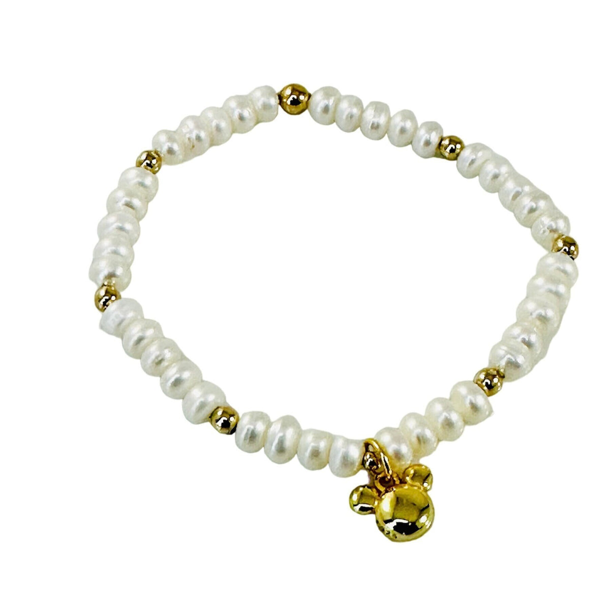 Real Pearl baby mickey bracelet,Pearls mouse bracelet,Mickey pearl and gold bracelet,gold and pearl stretch bead bracelet with mouse