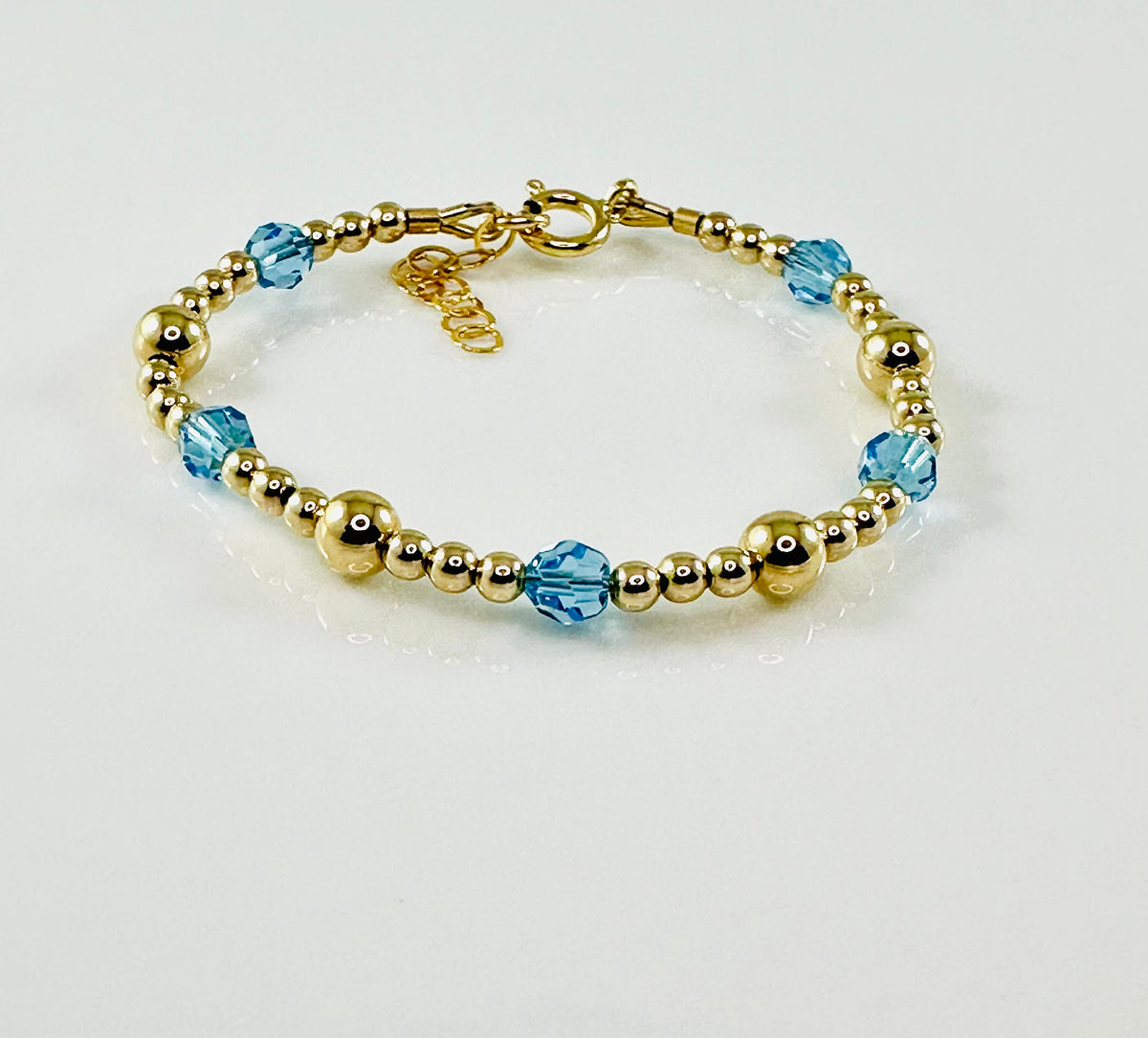 Gold Filled Blue Aquamarine Stackable Kids Girls Bracelet,Gold Birthstone Bracelet For Children,Dainty Gold Stackable Layering Mom Bracelet