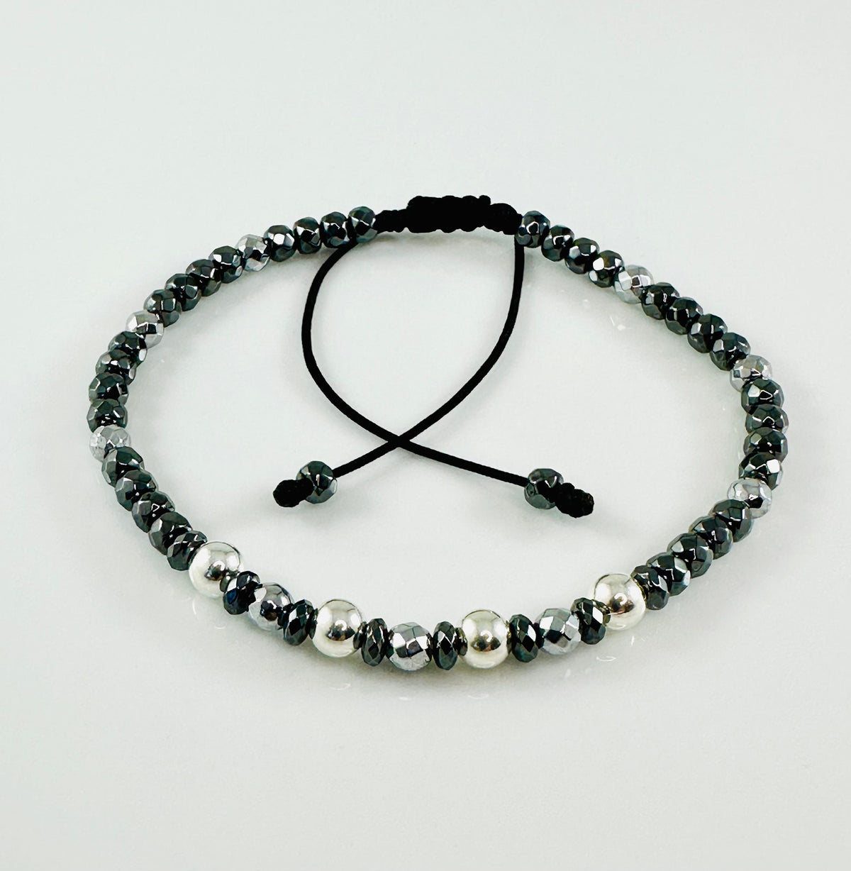 Sterling Silver Adjustable 4mm Hematite Men Bracelet,Healing Meditation Men Stone Bracelet,Unique Handmade Jewelry Gifts for Men Him Dad