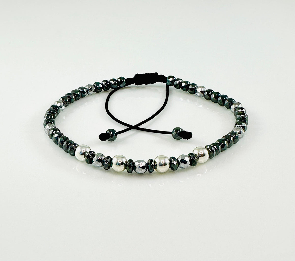 Sterling Silver Adjustable 4mm Hematite Men Bracelet,Healing Meditation Men Stone Bracelet,Unique Handmade Jewelry Gifts for Men Him Dad