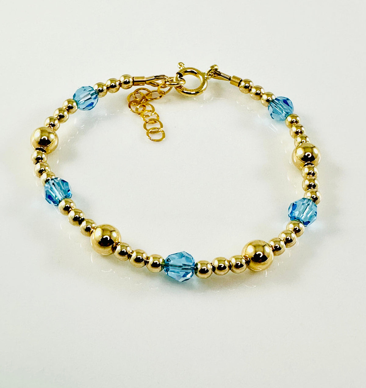 Gold Filled Blue Aquamarine Stackable Kids Girls Bracelet,Gold Birthstone Bracelet For Children,Dainty Gold Stackable Layering Mom Bracelet