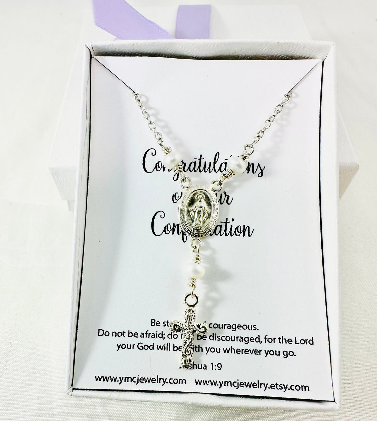 Silver Rosary Necklace,Miraculous Mary and Cross Necklace,First Communion Confirmation Rosary Necklace,Dainty Virgin Pearl Lariat Necklace