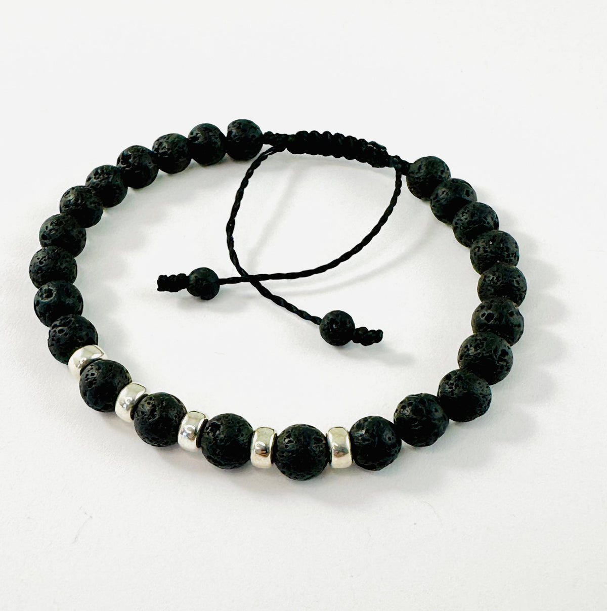 Silver Black Men Bracelet,Difusser Oil Lava Stone Bracelet,Jewelry for Men,Black Beaded Stone Adjustable Bracelet,Healing Protection Bracele